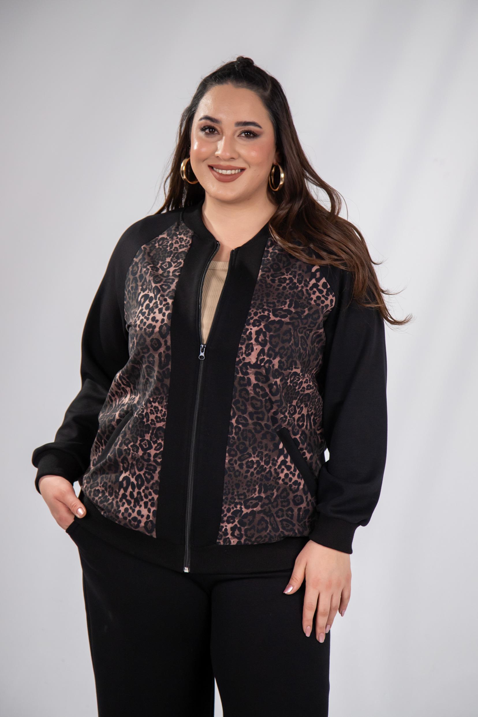 Büyük Beden 333174 Fermuarlı Leoparlı Sweat Kahverengi