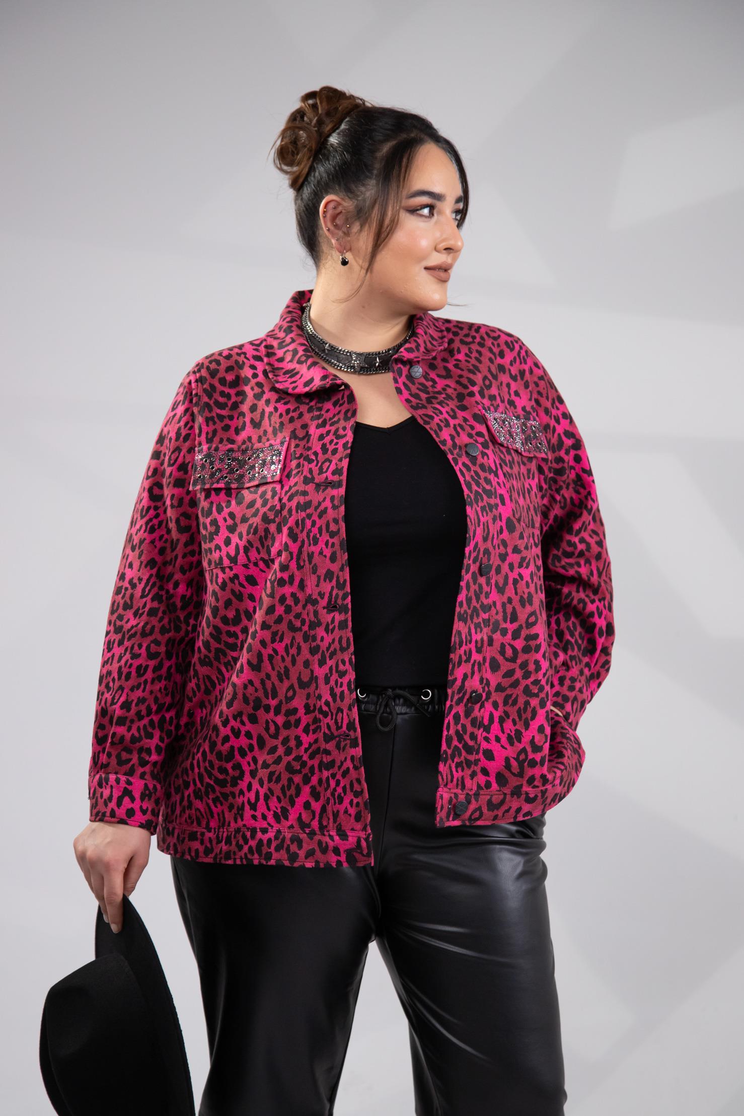 Büyük Beden 333194 Cep Taşlı Leoparlı Kaşe Mont Fuşya