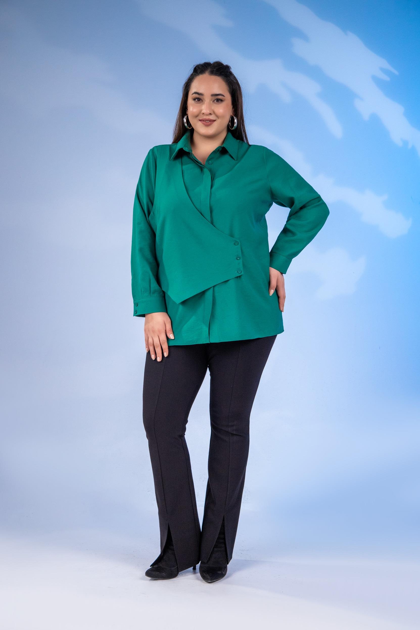 Büyük Beden 333198 Yelek Detaylı Gömlek  Yeşil