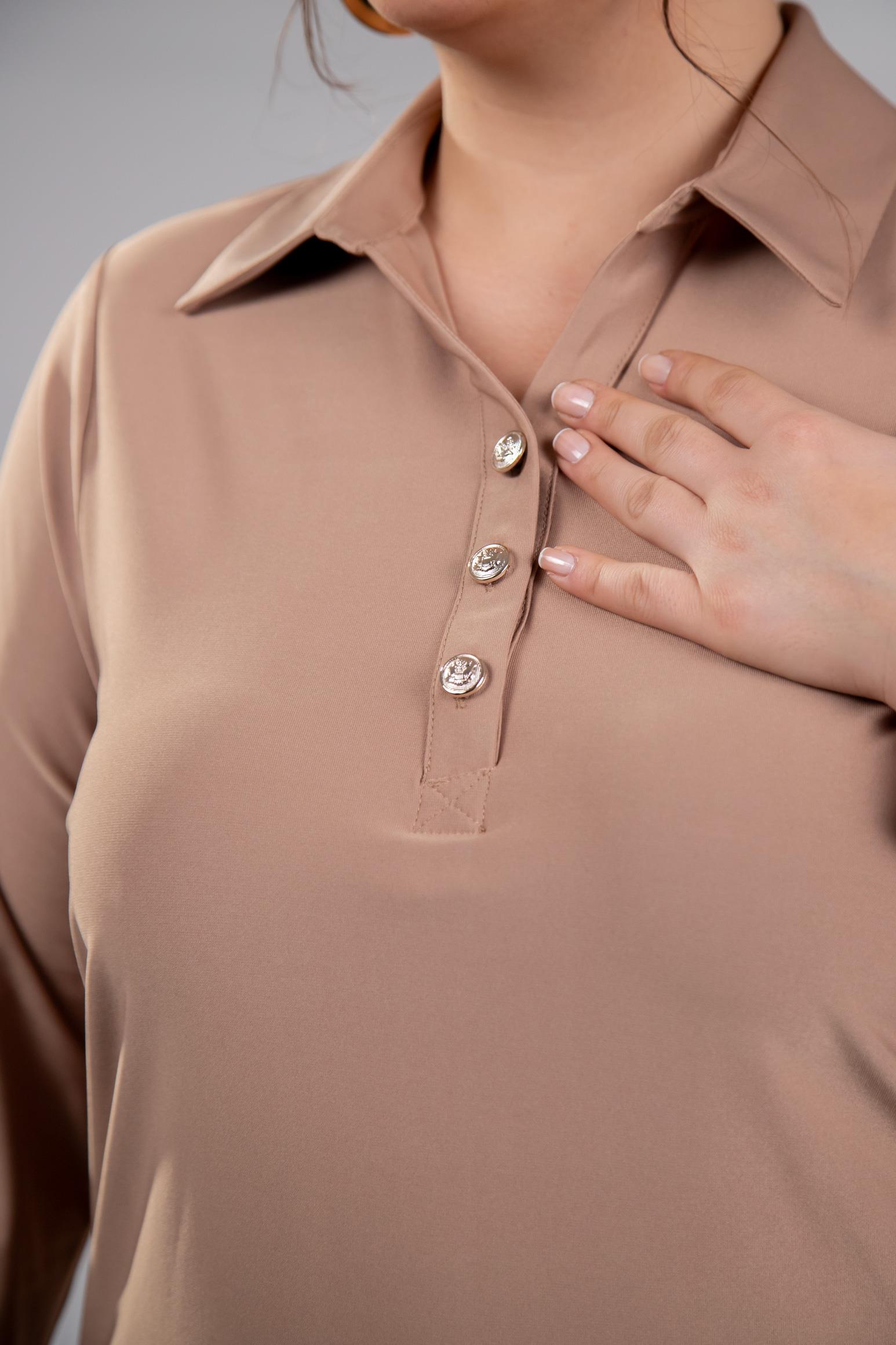 Büyük Beden 333201 Düğmeli Polo Yaka Bluz Bej