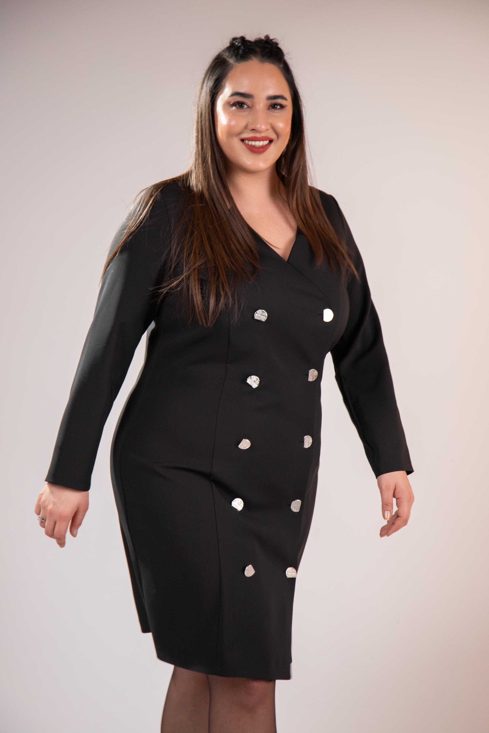 Büyük Beden 333218 YakA-Düğme Detaylı Elbise  Siyah