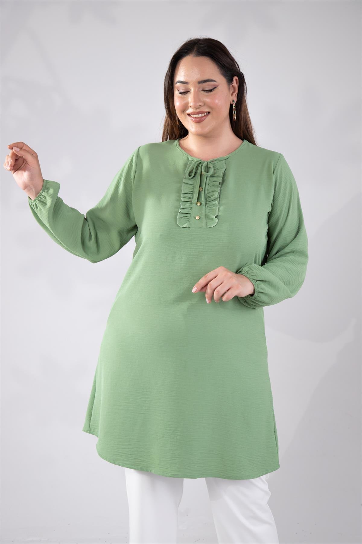 Büyük Beden 333306 Yaka Detaylı Tunik  Yeşil