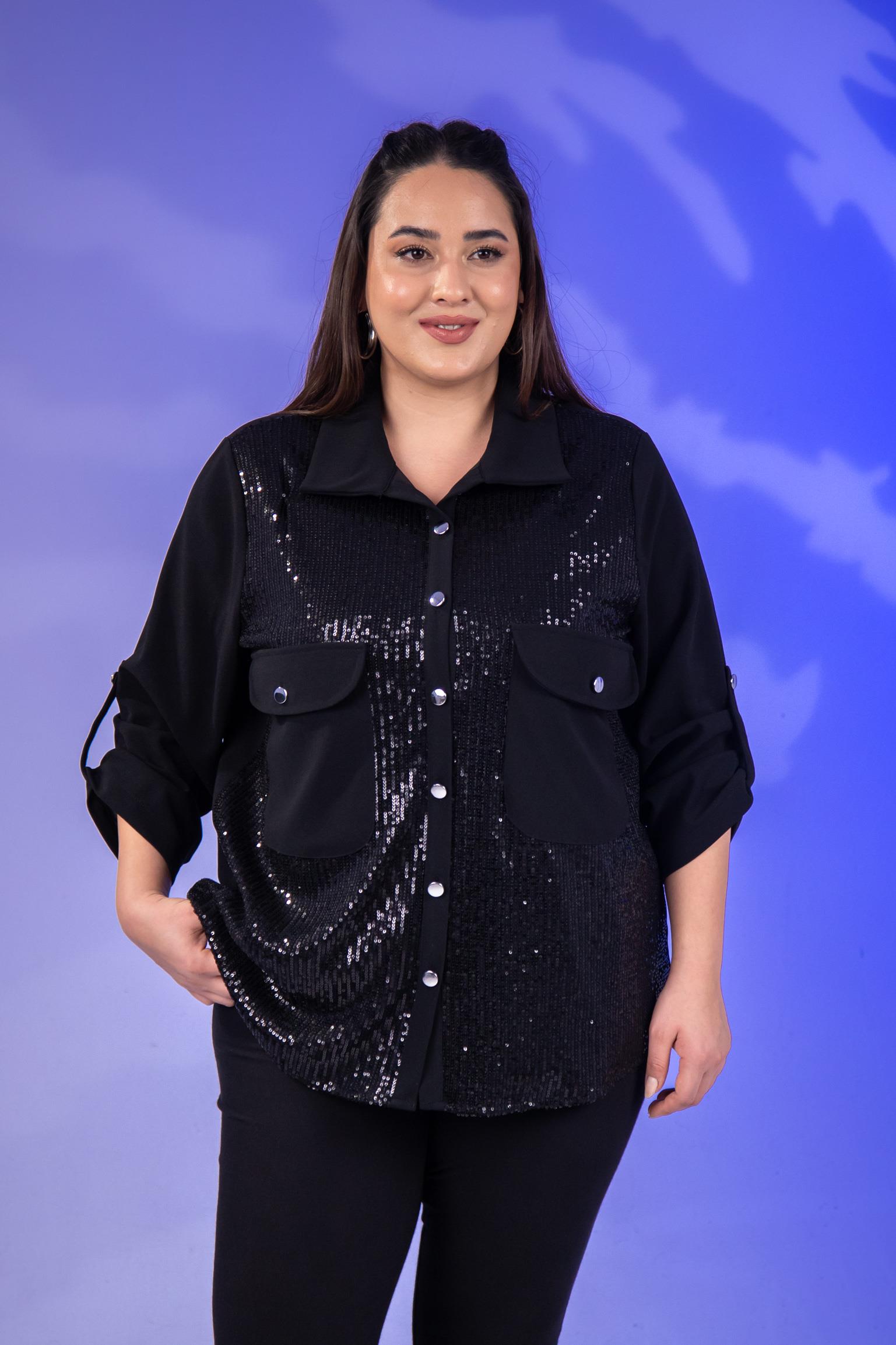 Büyük Beden 3333136 Cepli Pul Payetli Gömlek  Siyah