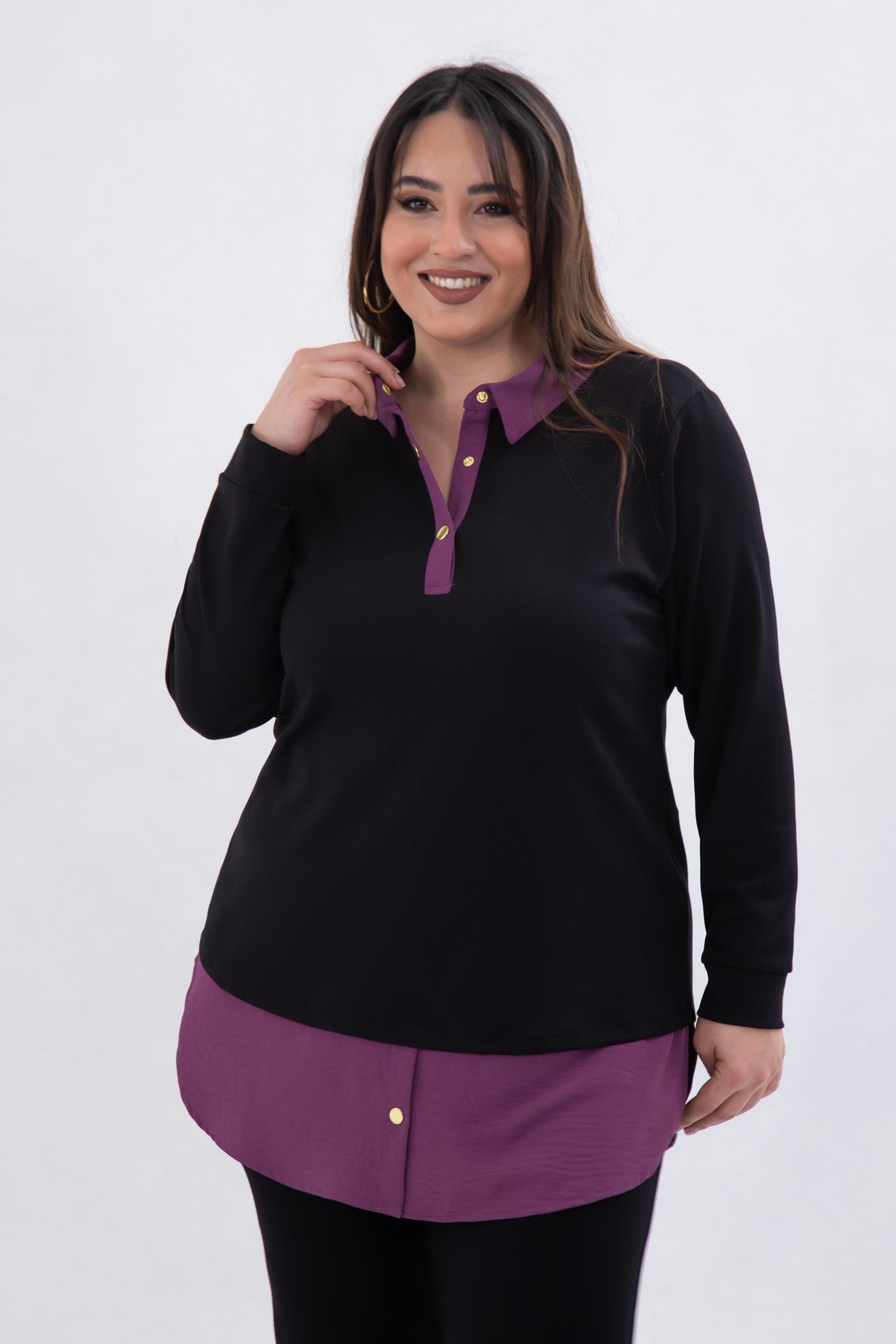 Büyük Beden 333743 Yakası Zincir Detaylı Bluz Siyah-Mor