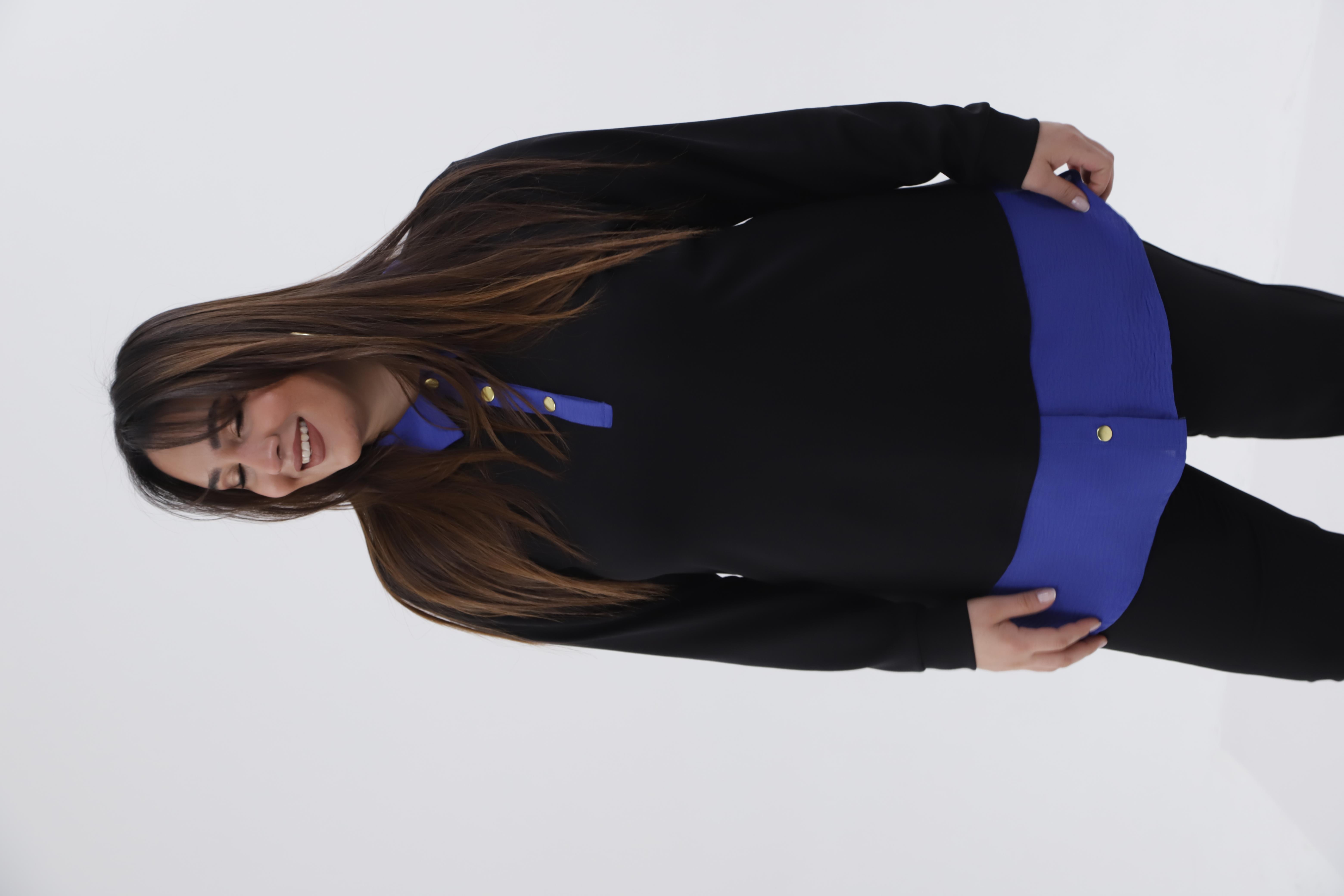 Büyük Beden 333743 Yakası Zincir Detaylı Bluz Siyah-Mavi