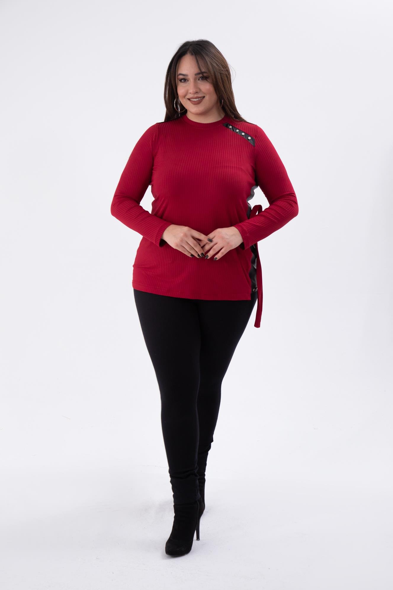 Büyük Beden 8037 Rivetli-Yanı Tokalı Bluz  Bordo