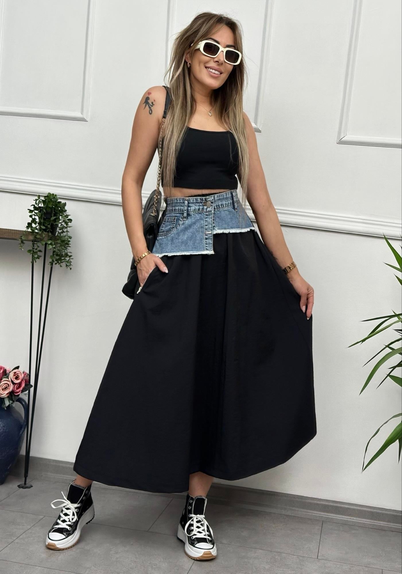 Denim Detaylı Premium Kiloş Siyah EtekYeni Gelenler ModayDenim Detaylı Premium Kiloş Siyah Etek