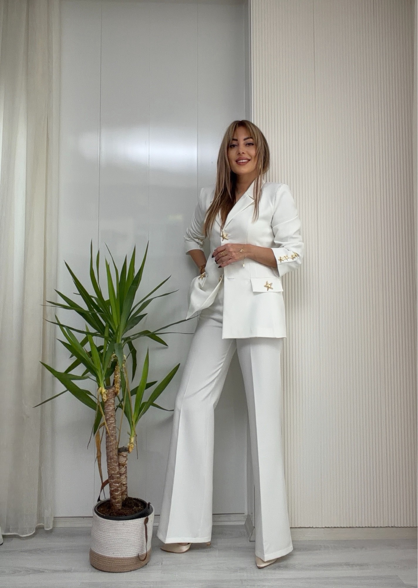 MODAYBUTİKAurora Gold Düğme Detaylı Blazer & Palazzo Takım