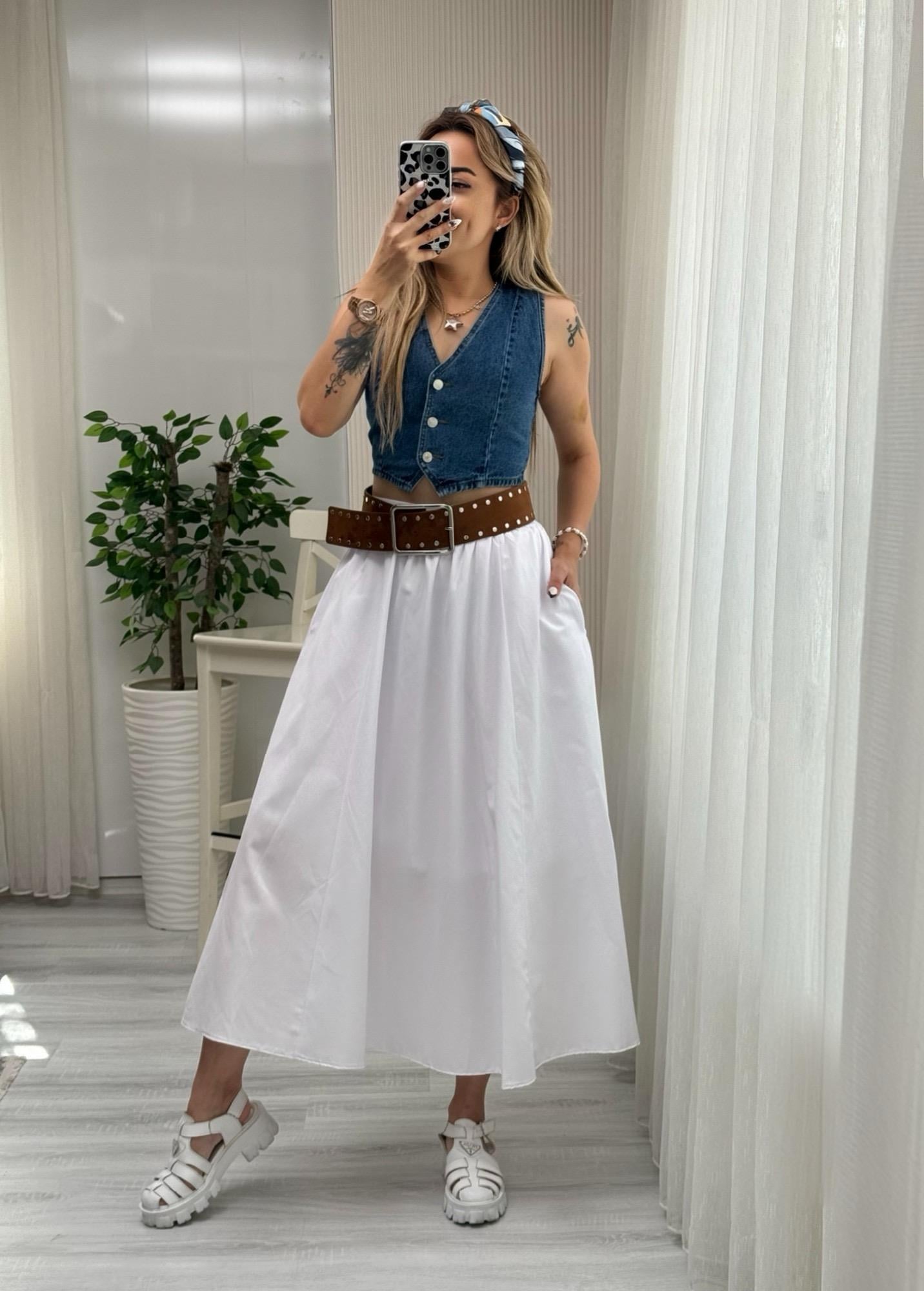 MODAYBUTİKBeli Lastikli Poplin Pinterest Kiloş Beyaz Etek 