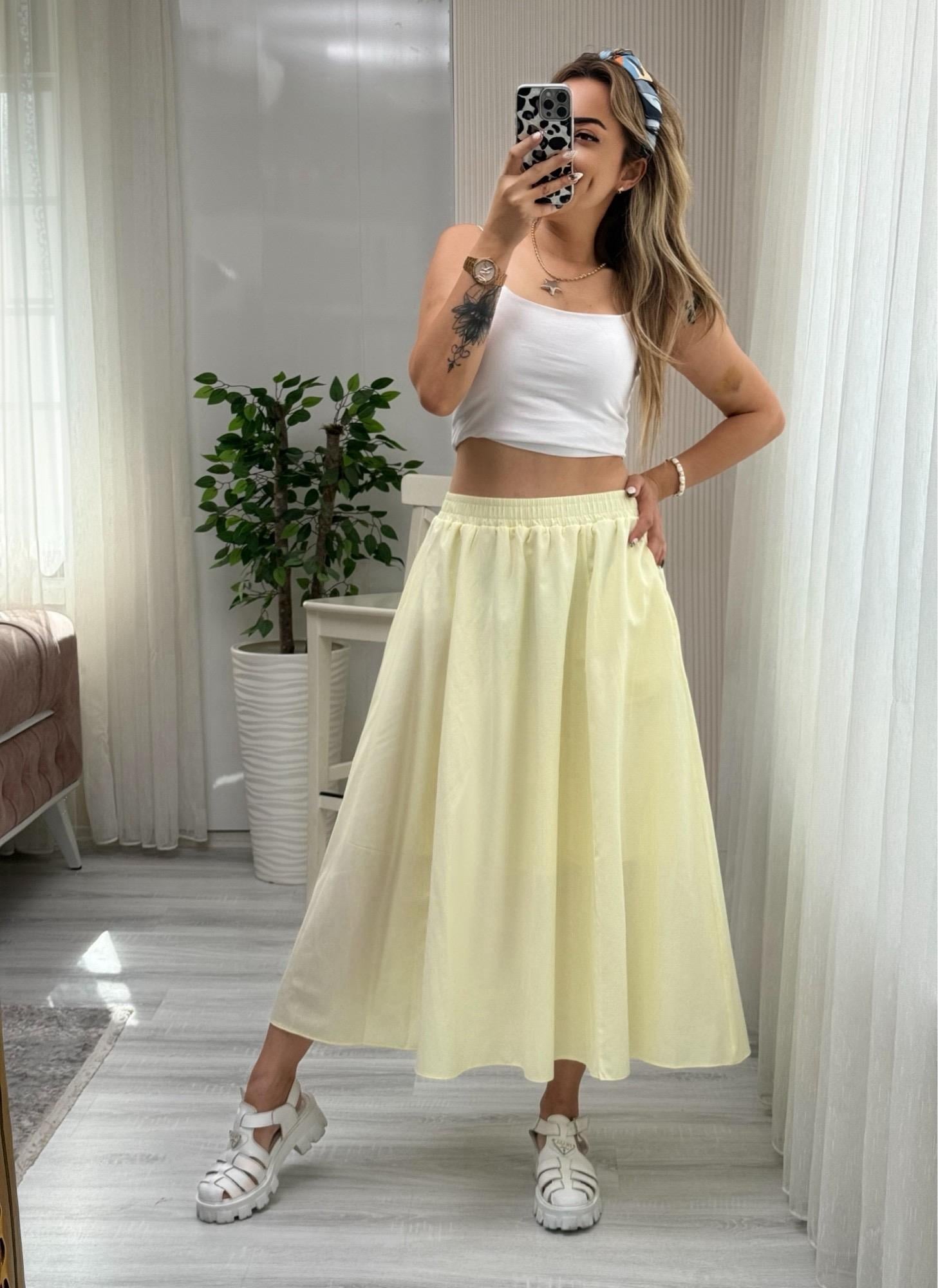 MODAYBUTİKBeli Lastikli Poplin Pinterest Sarı Kiloş Etek 