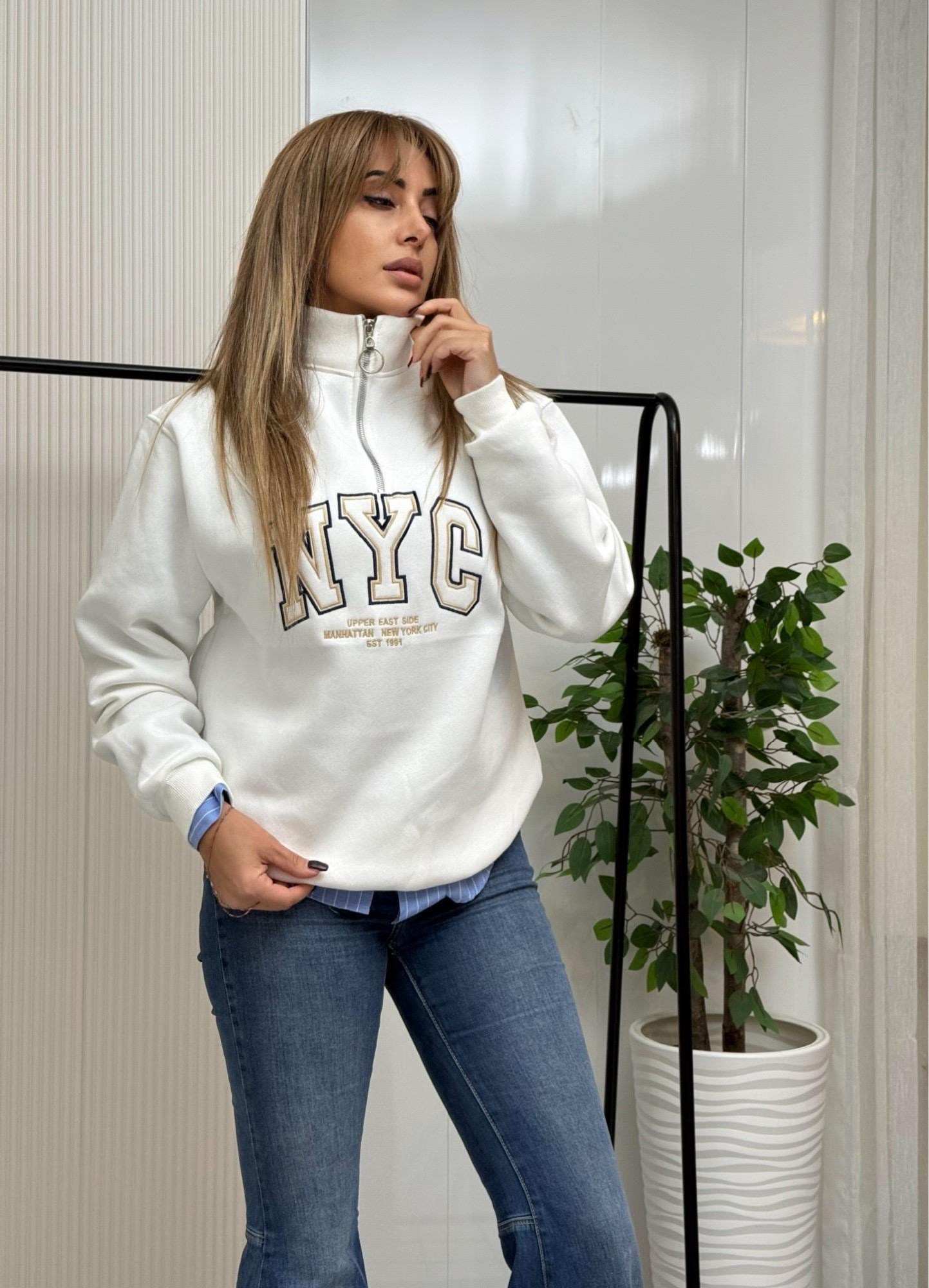 MODAYBUTİKBeyaz Lüks Baskılı Dik Yaka Sweatshirt