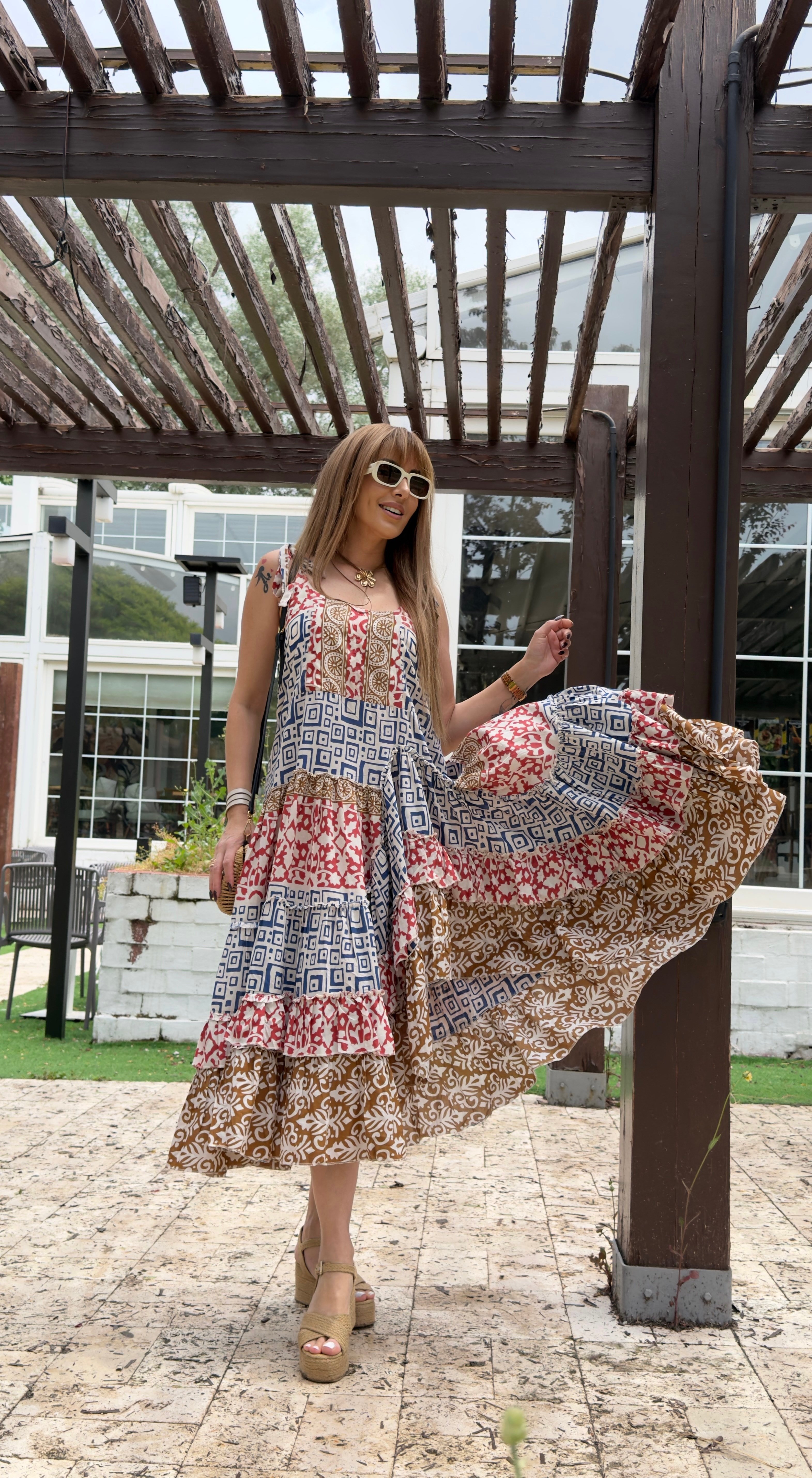 MODAYBUTİKBohem Patchwork Askılı Midi Elbise 