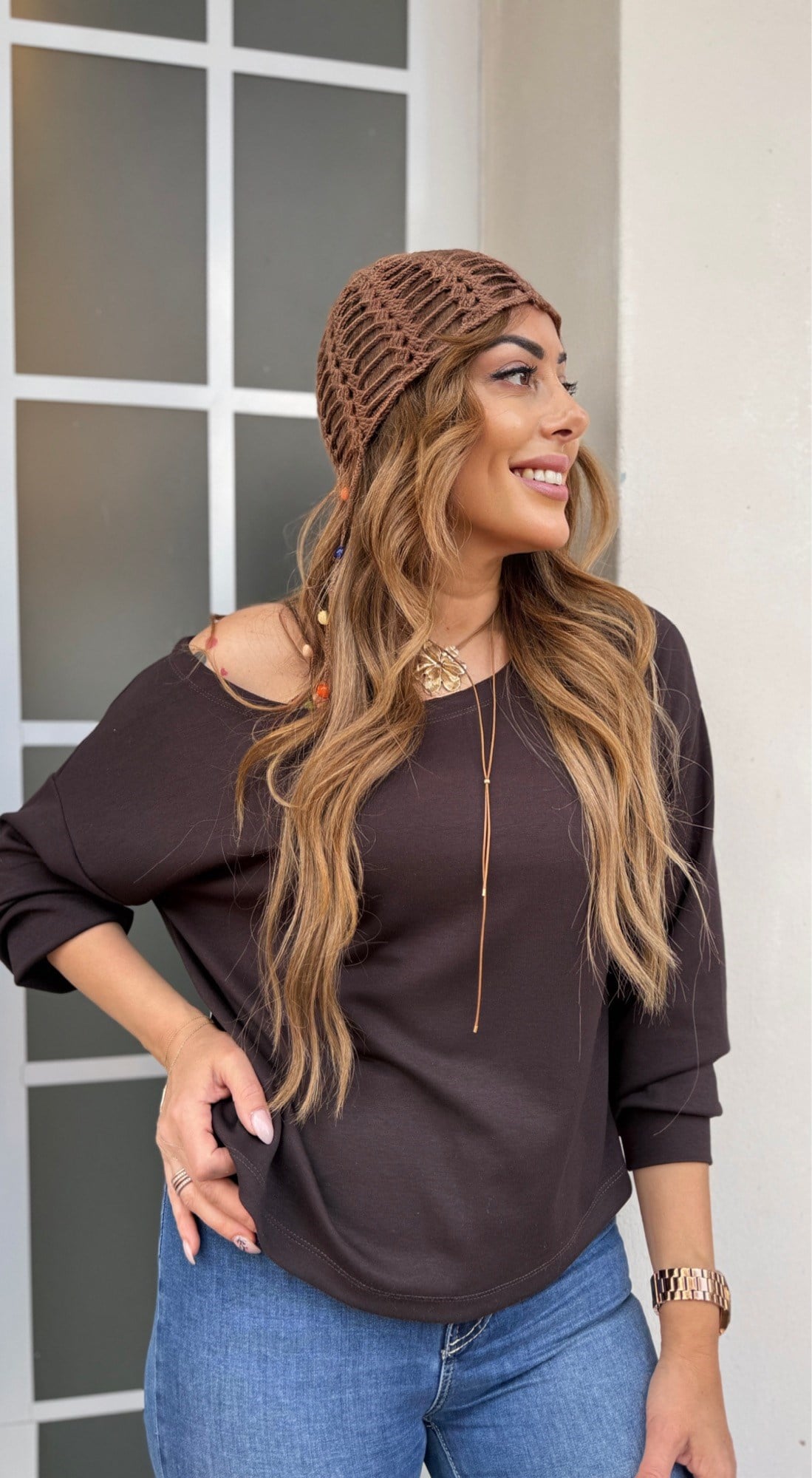 MODAYBUTİKBoncuklu File Örgü Kahve Bandana 