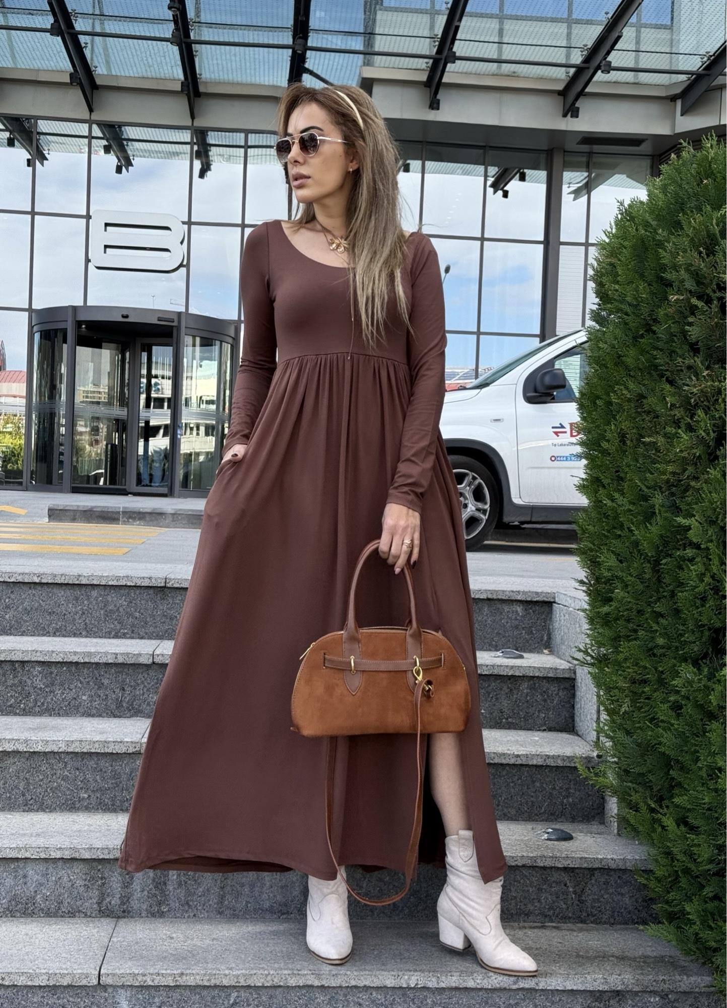 MODAYBUTİKBrown Aura Yırtmaçlı Maxi Elbise 
