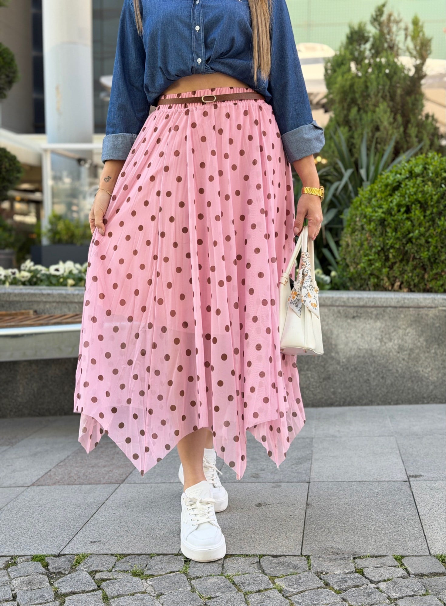 MODAYBUTİKChic Point Pembe Asimetrik Midi Etek