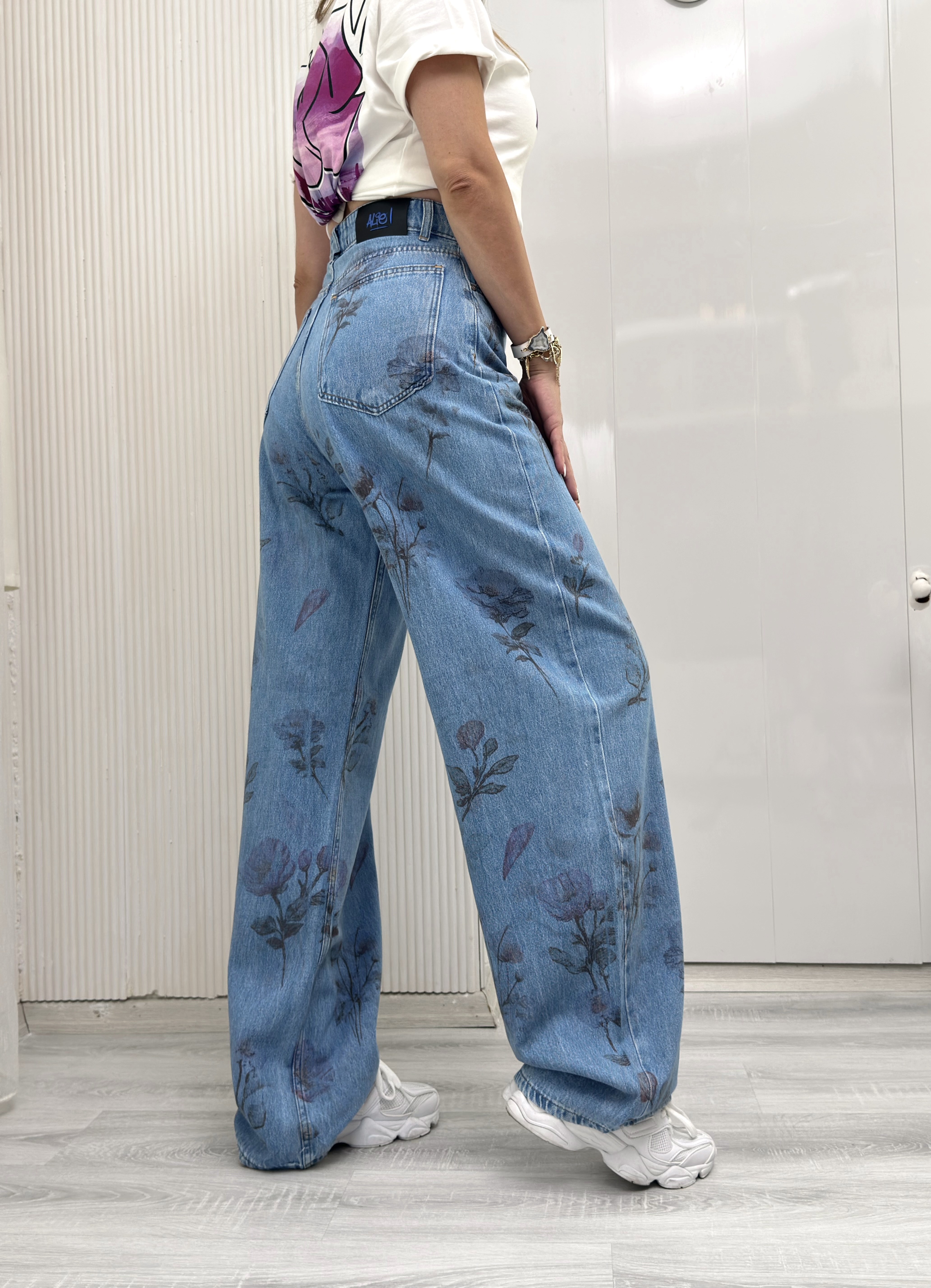 MODAYBUTİKÇiçek Motifli Yüksek Bel Wide Leg Jean