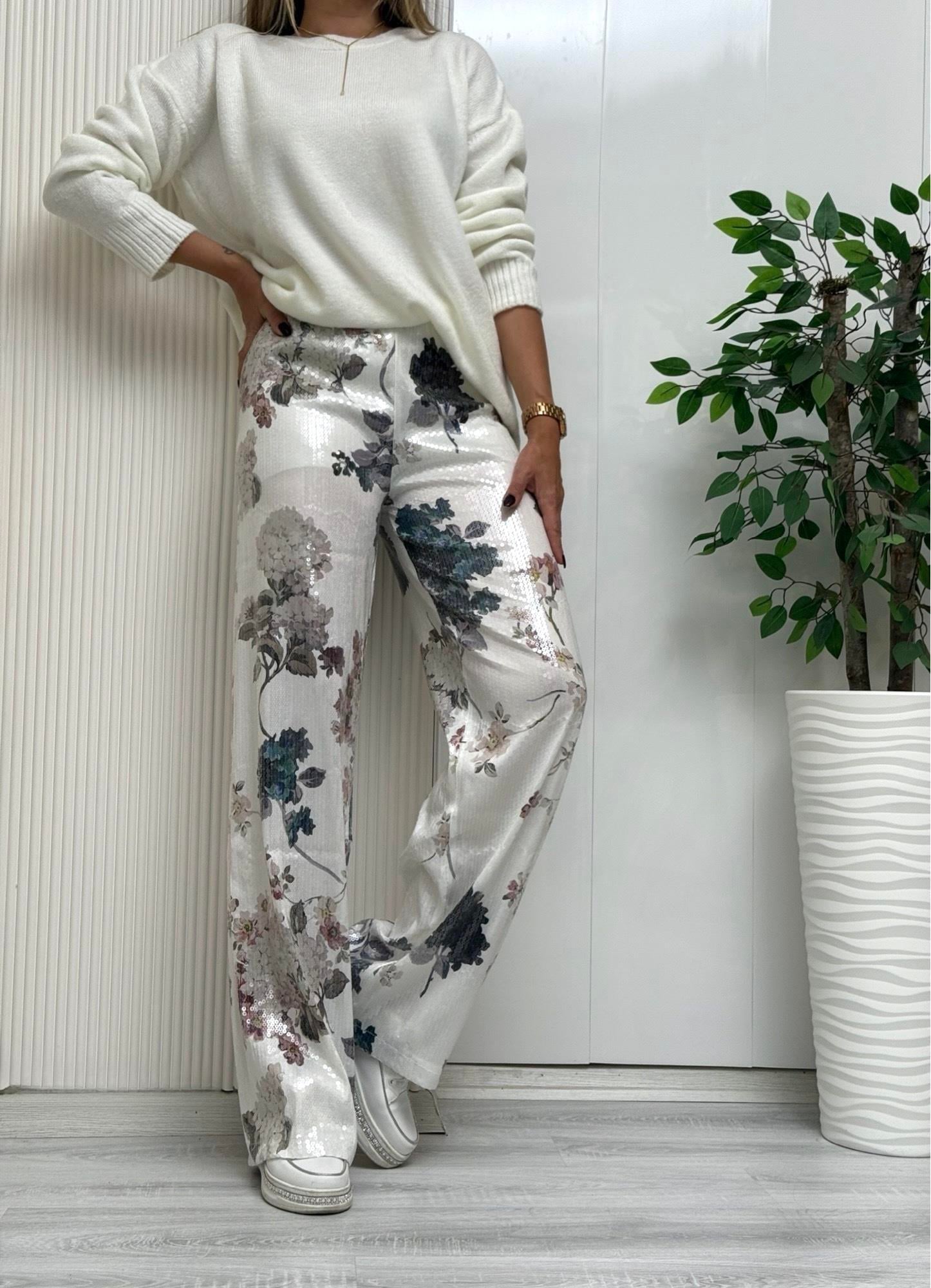 MODAYBUTİKFlora Beyaz Payetli Pantolon 
