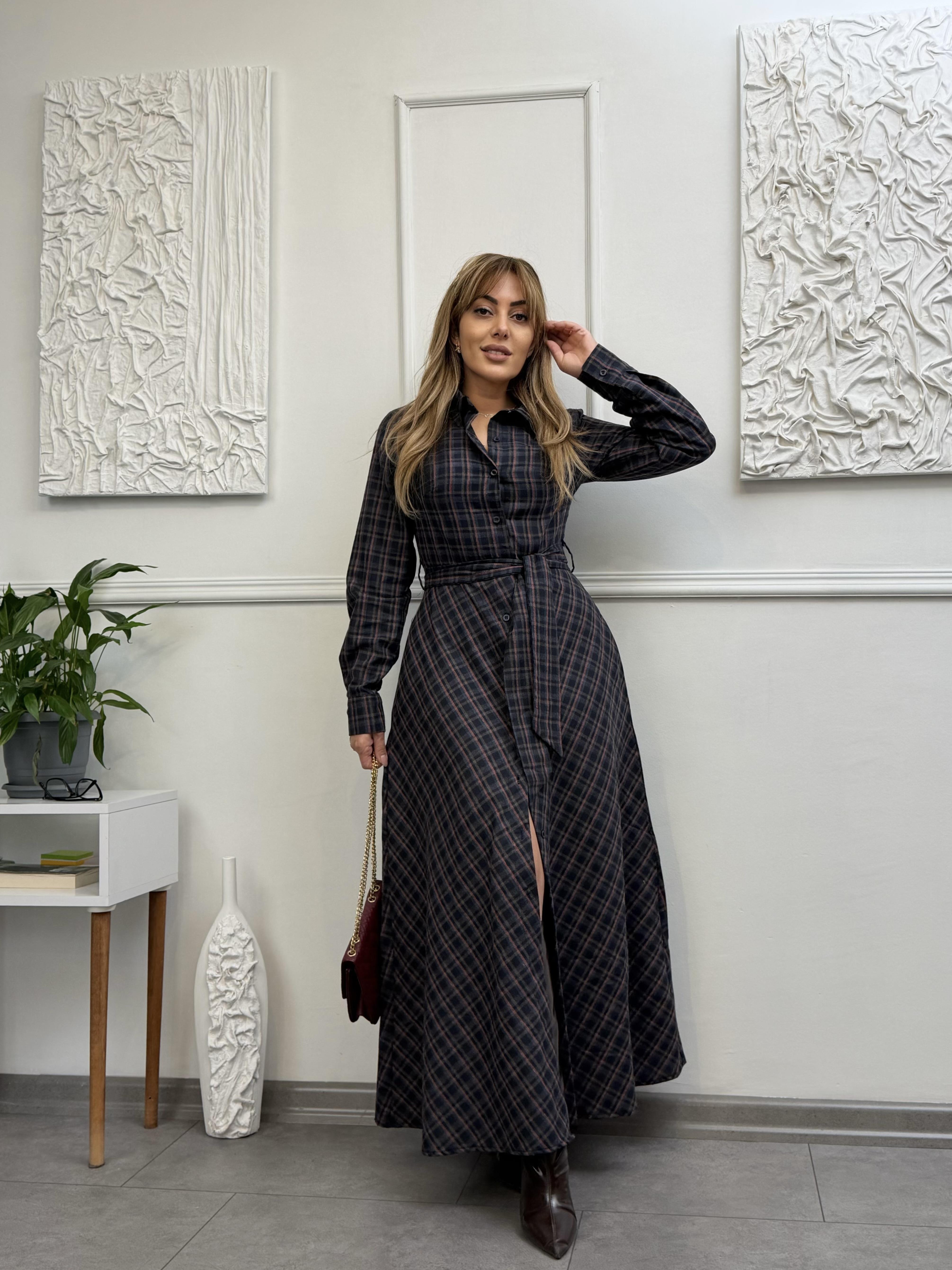MODAYBUTİKİmperial Bordo Ekose Maxi Gömlek Elbise