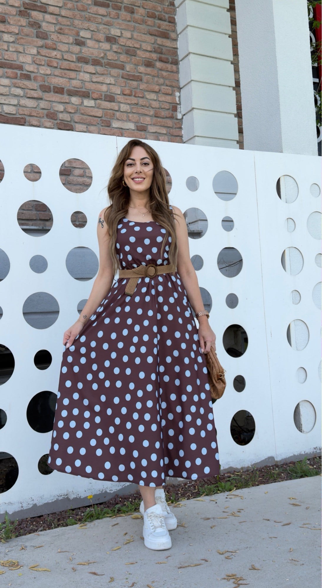 MODAYBUTİKMavi Puantiye Desenli Kahve Vintage Elbise 