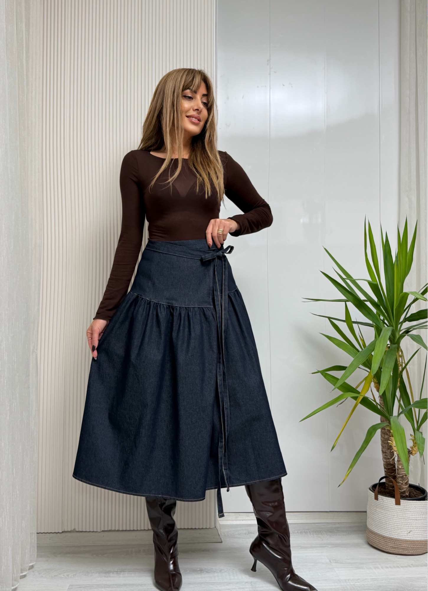 MODAYBUTİKModern Bağlamalı Laci Denim Midi Etek