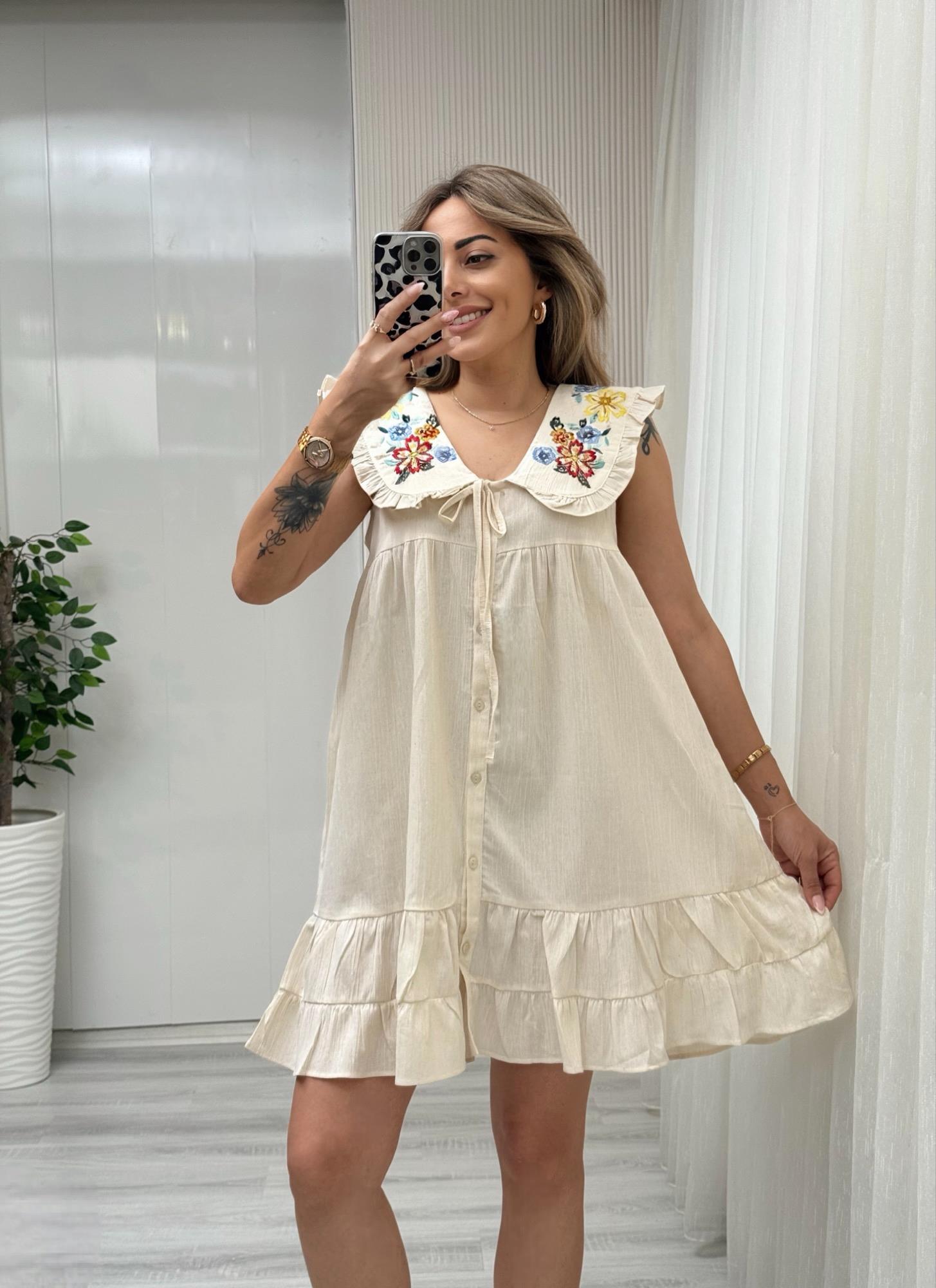 MODAYBUTİKNakışlı Keten Gömlek Elbise