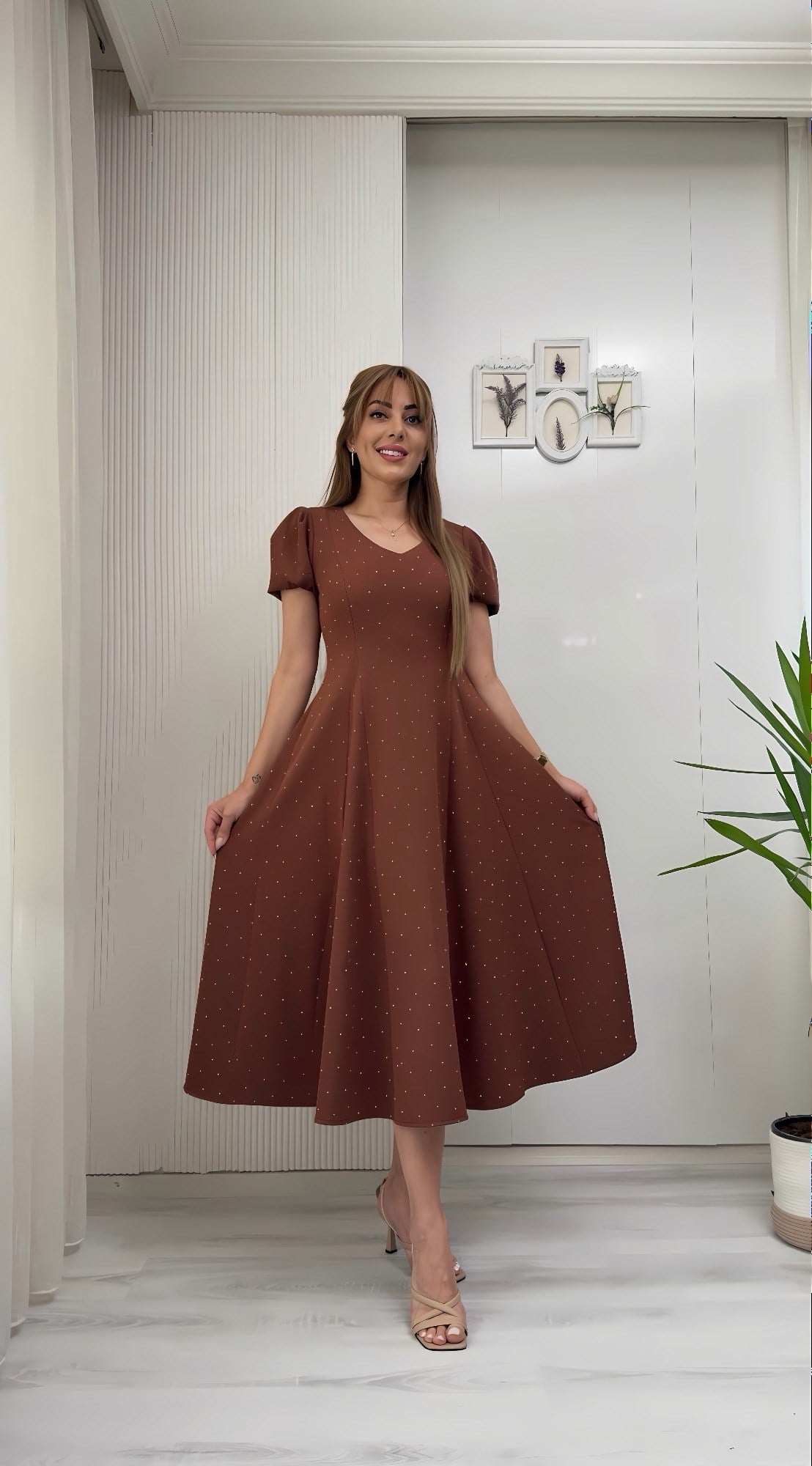MODAYBUTİKParisien Taş Detaylı Kahve Midi Elbise