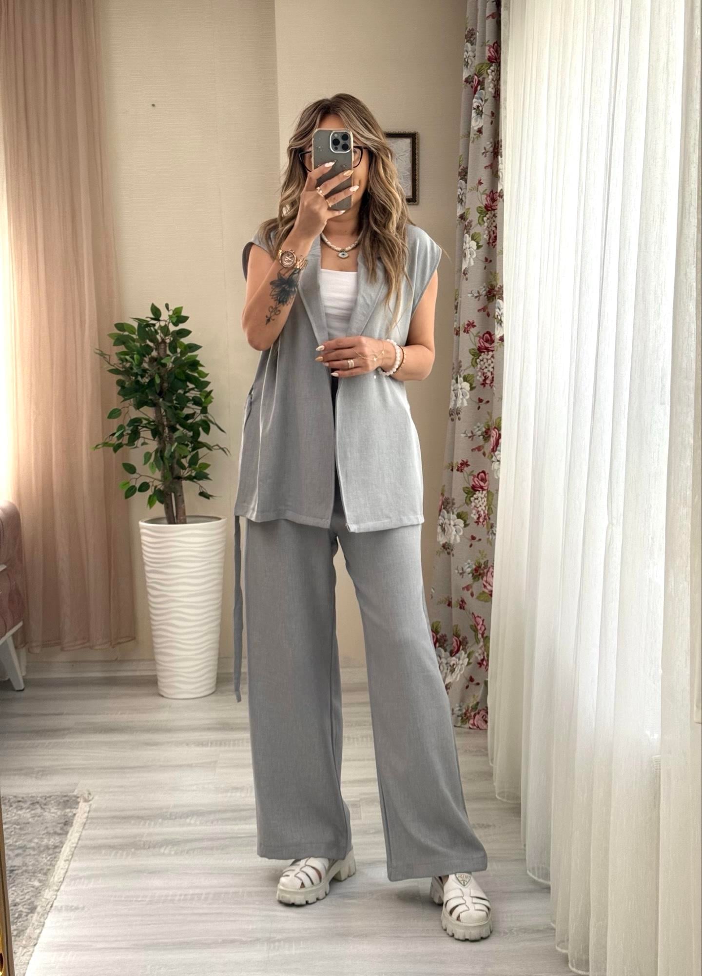 MODAYBUTİKPremium Bağlamalı Gri Yelek Pantolon Takım