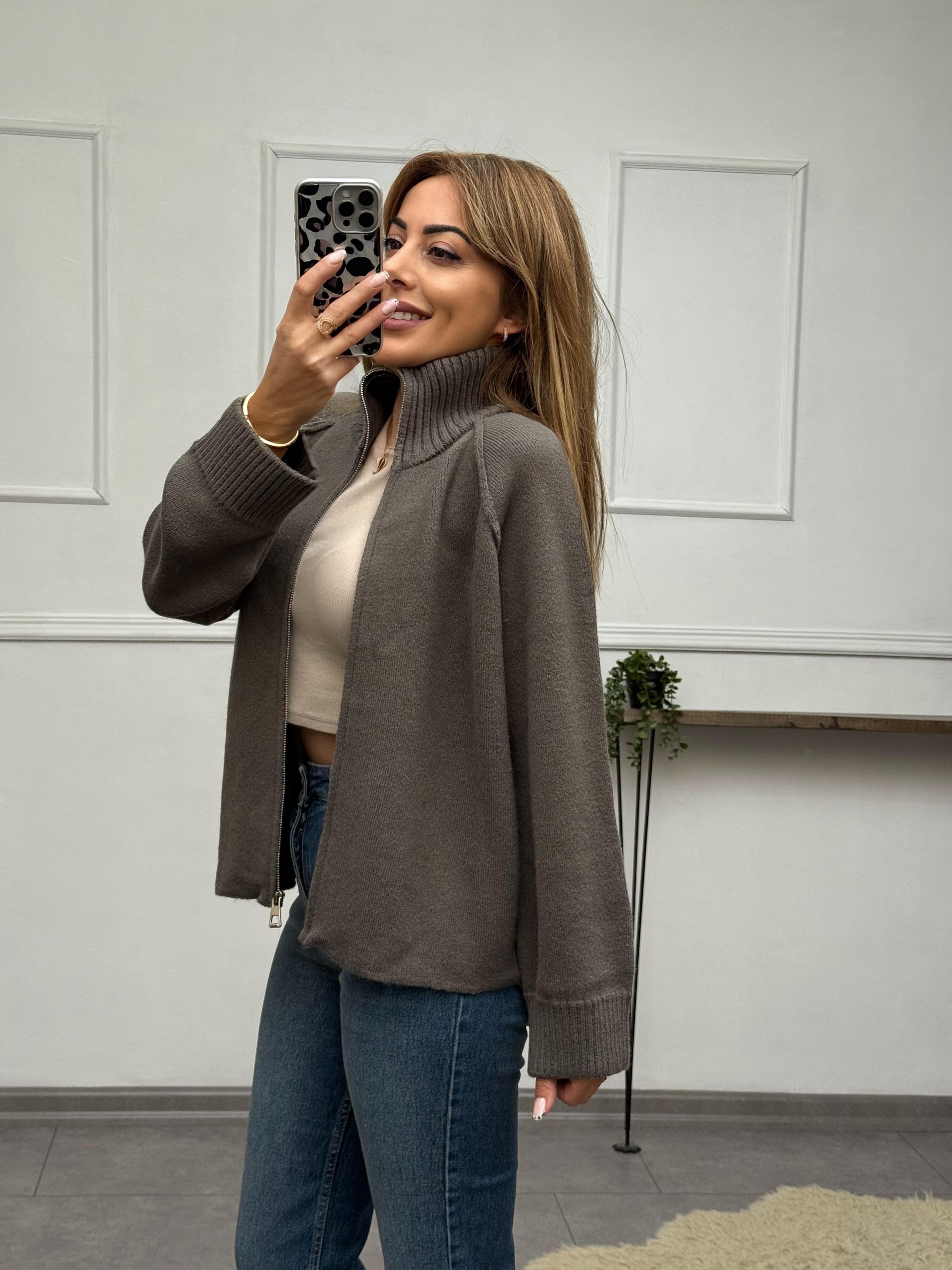 MODAYBUTİKPremium Fermuarlı Dik Yaka Füme Triko Hırka  
