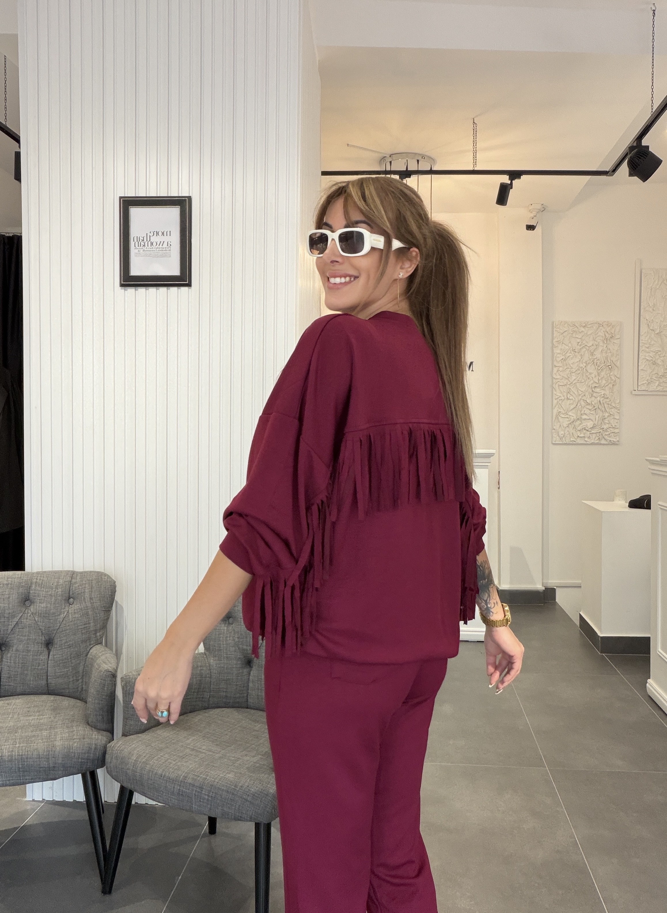 MODAYBUTİKPüskül Detaylı Modal Bordo Eşofman Takımı
