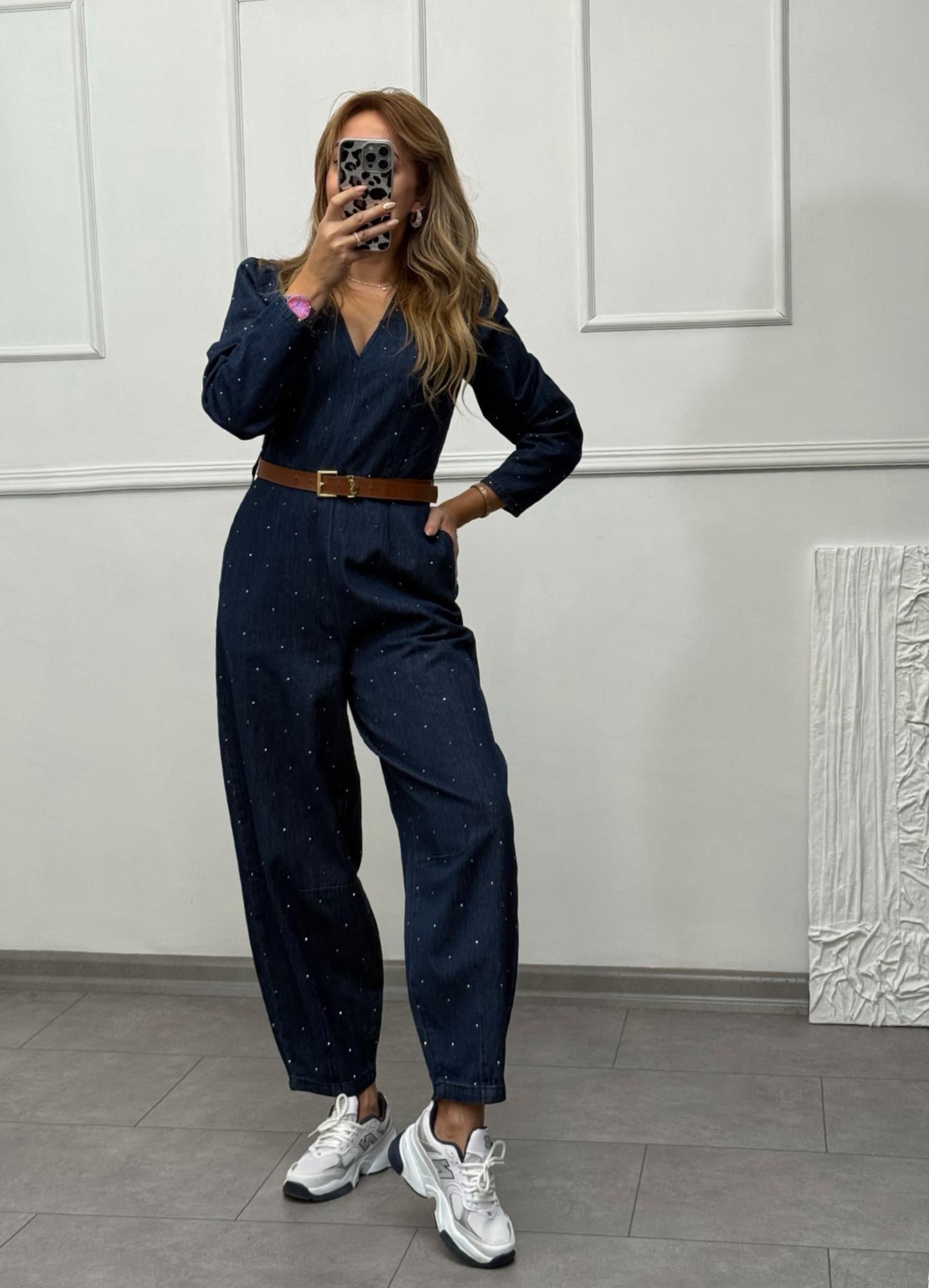 MODAYBUTİKStarline Denim Koyu İndigo Taşlı Tulum 
