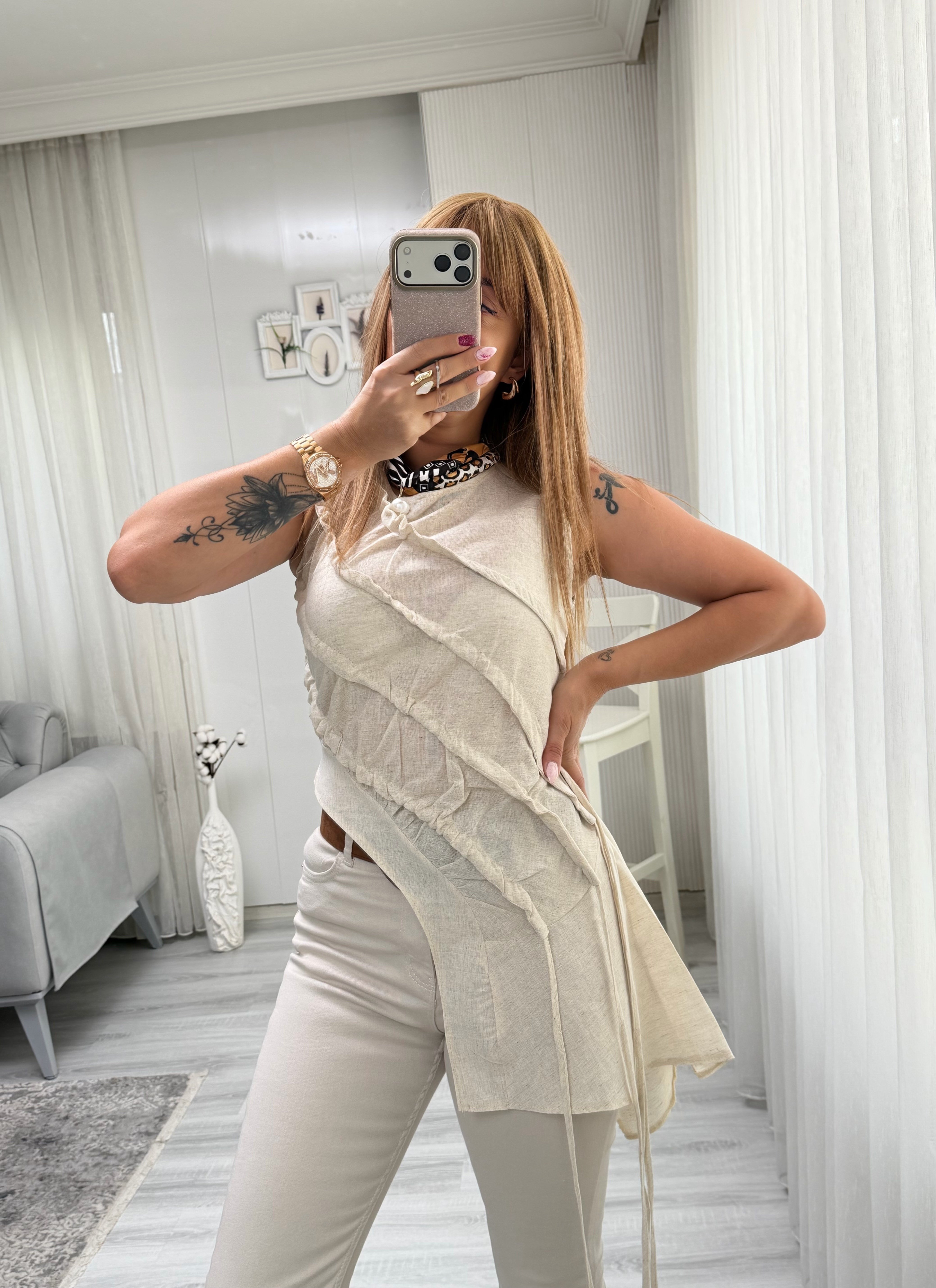 MODAYBUTİKTasarım Bej Keten Büzgülü Asimetrik Bluz 