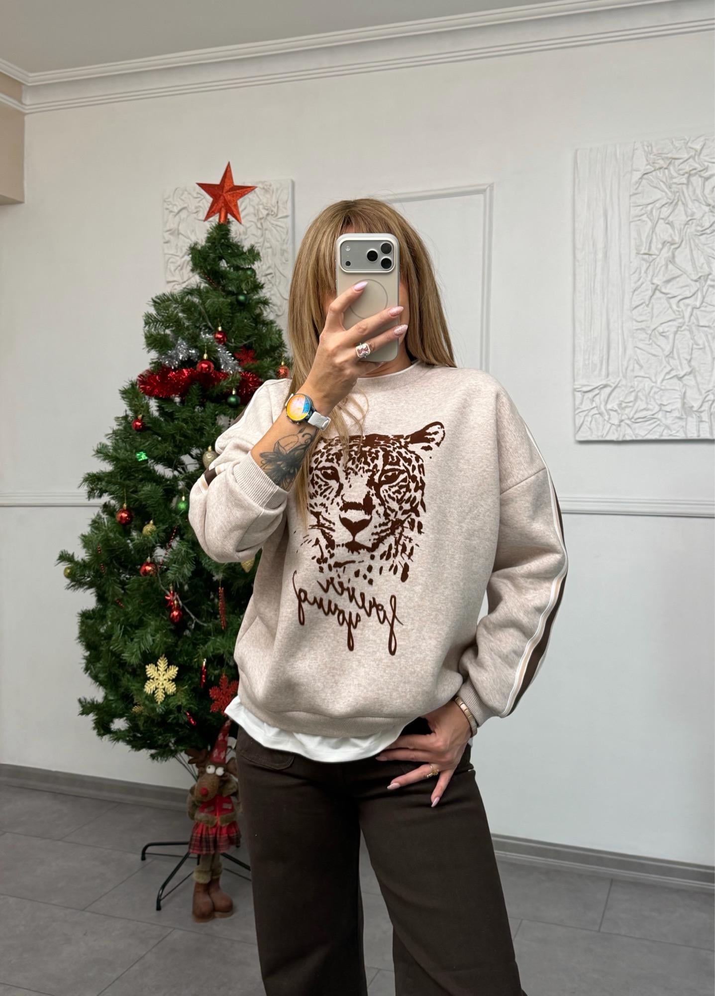MODAYBUTİKTiger Mood Kahve Şerit Detaylı Açık Vizon Sweat