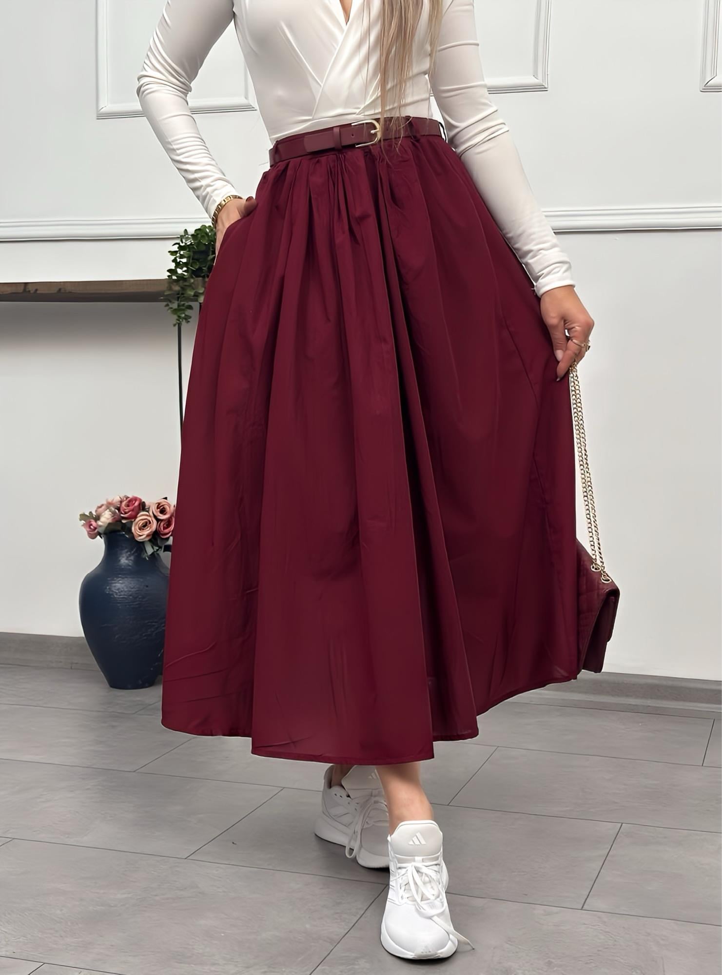 Preium Kemerli Vual Kiloş Bordo EtekYeni Gelenler ModayPreium Kemerli Vual Kiloş Bordo Etek
