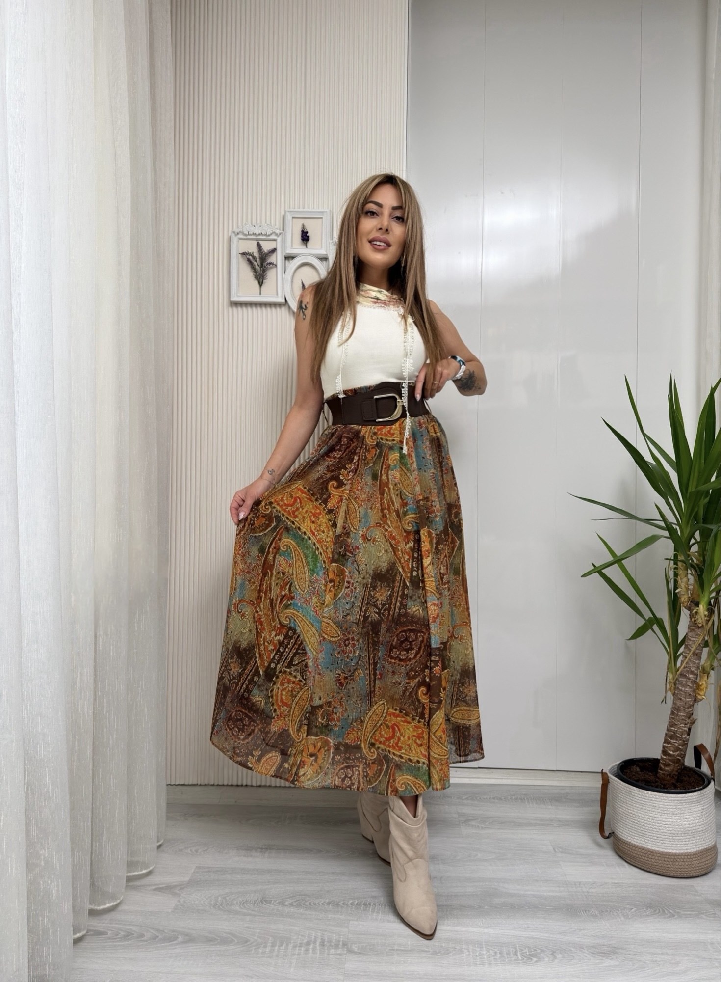 Bohem Desenli Kemerli Şifon EtekYeni Gelenler ModayBohem Desenli Kemerli Şifon Etek