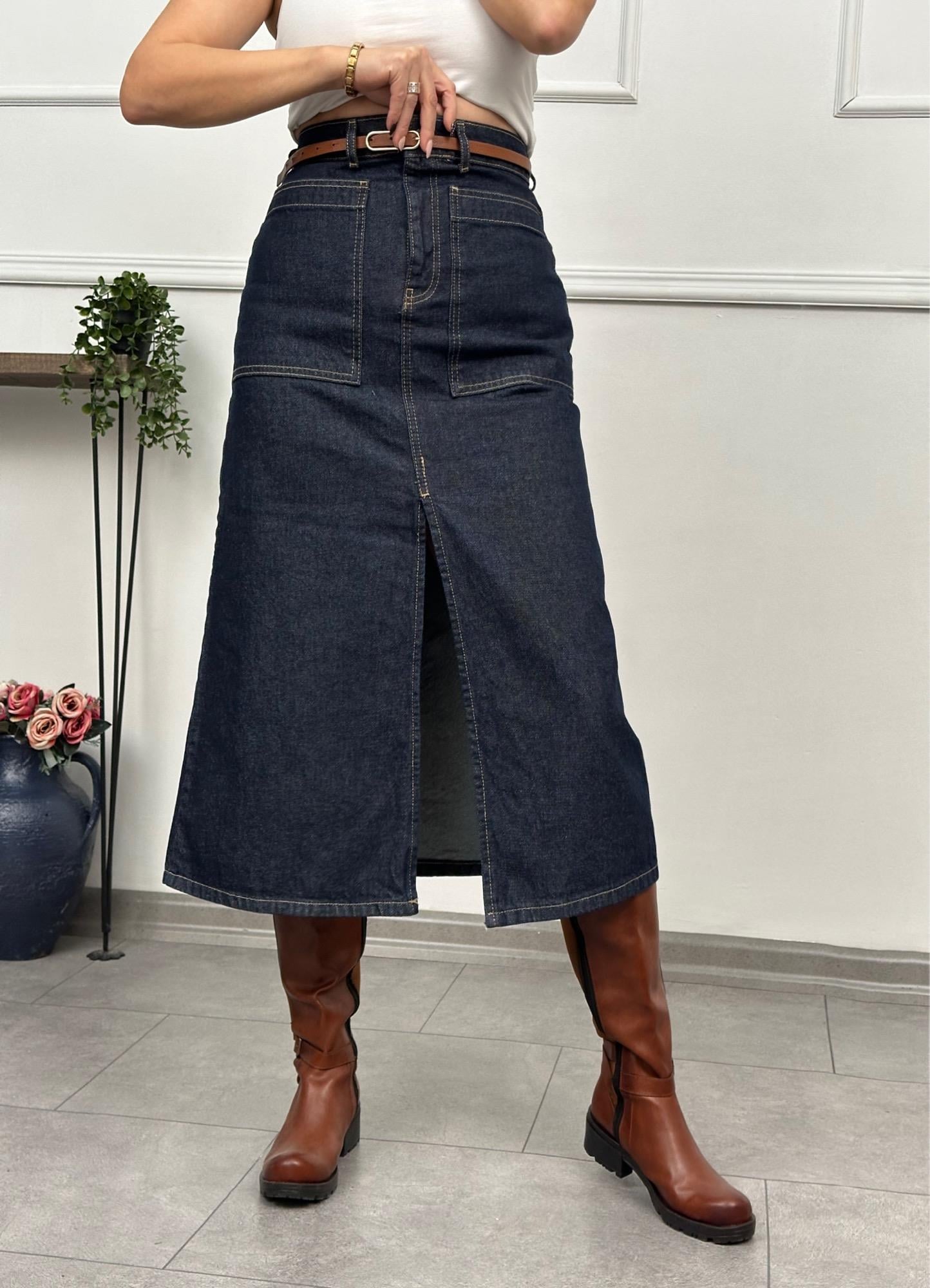 Büyük Cepli Lacivert Denim EtekYeni Gelenler ModayBüyük Cepli Lacivert Denim Etek