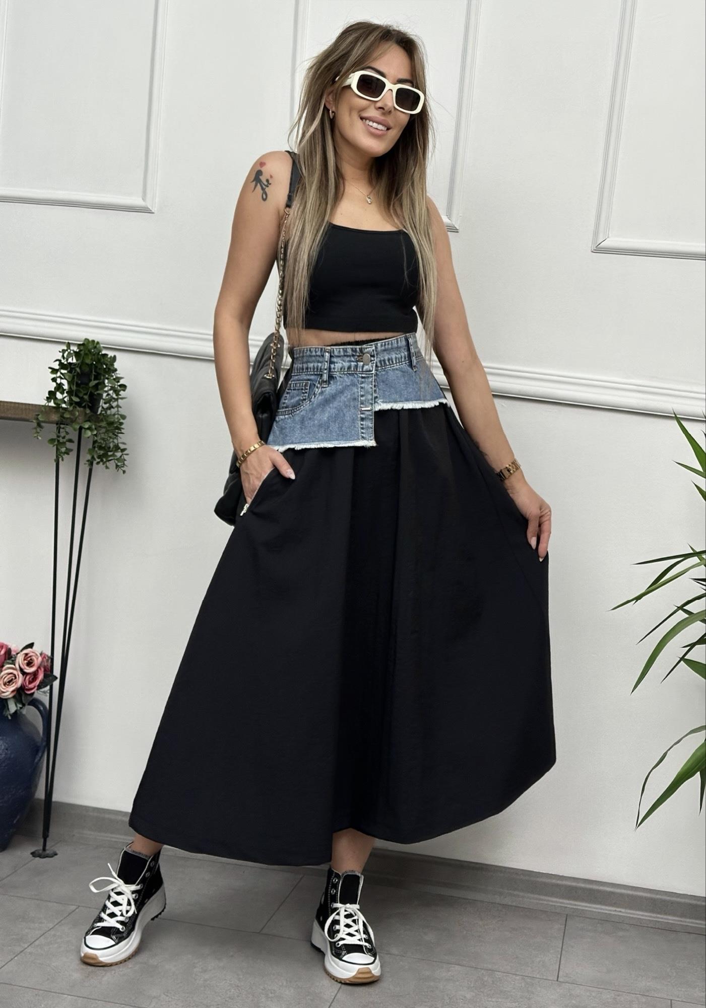 Denim Detaylı Premium Kiloş Siyah EtekYeni Gelenler ModayDenim Detaylı Premium Kiloş Siyah Etek