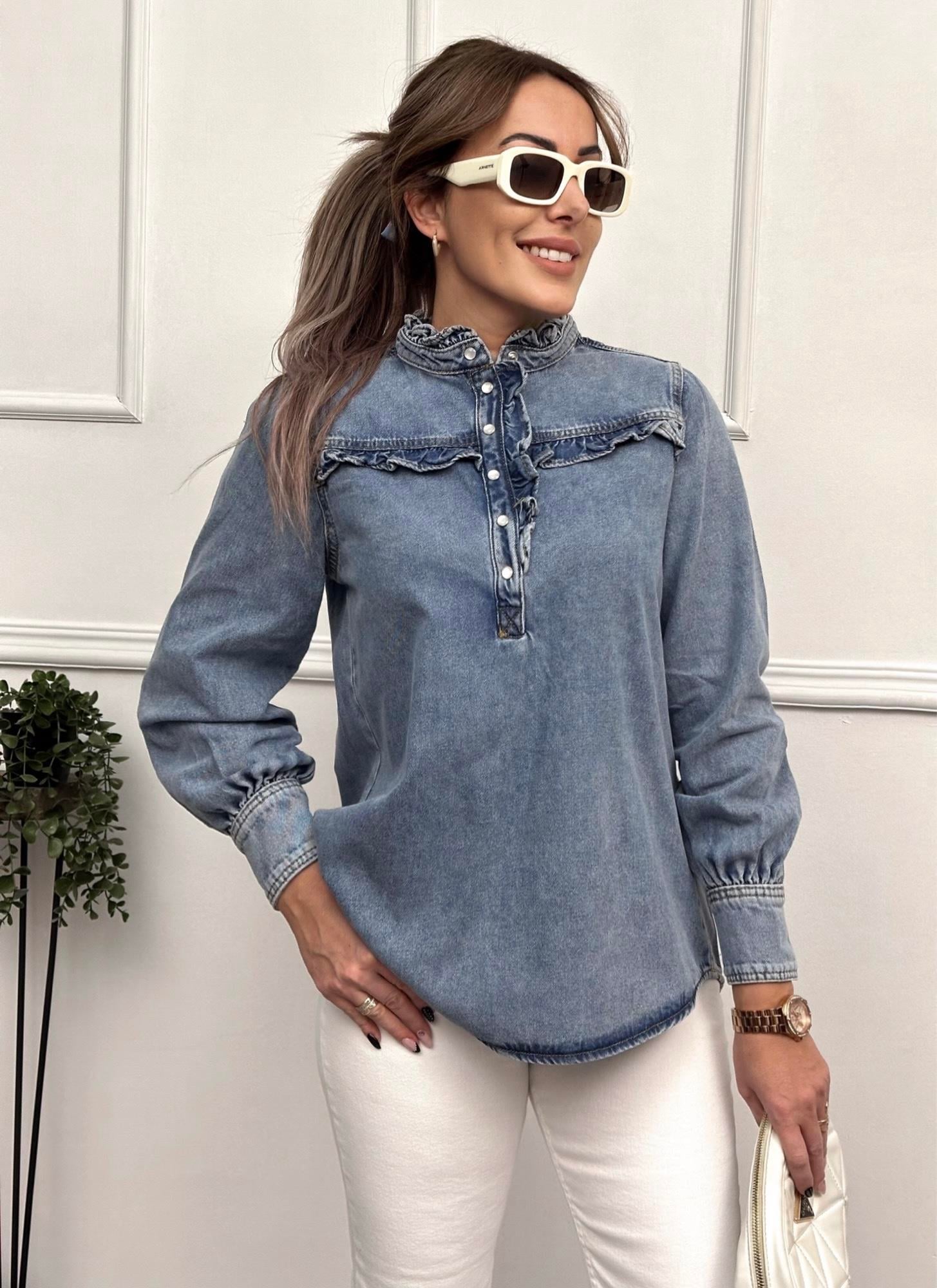 FırFır Detaylı Denim Mavi GömlekYeni Gelenler ModayFırFır Detaylı Denim Mavi Gömlek