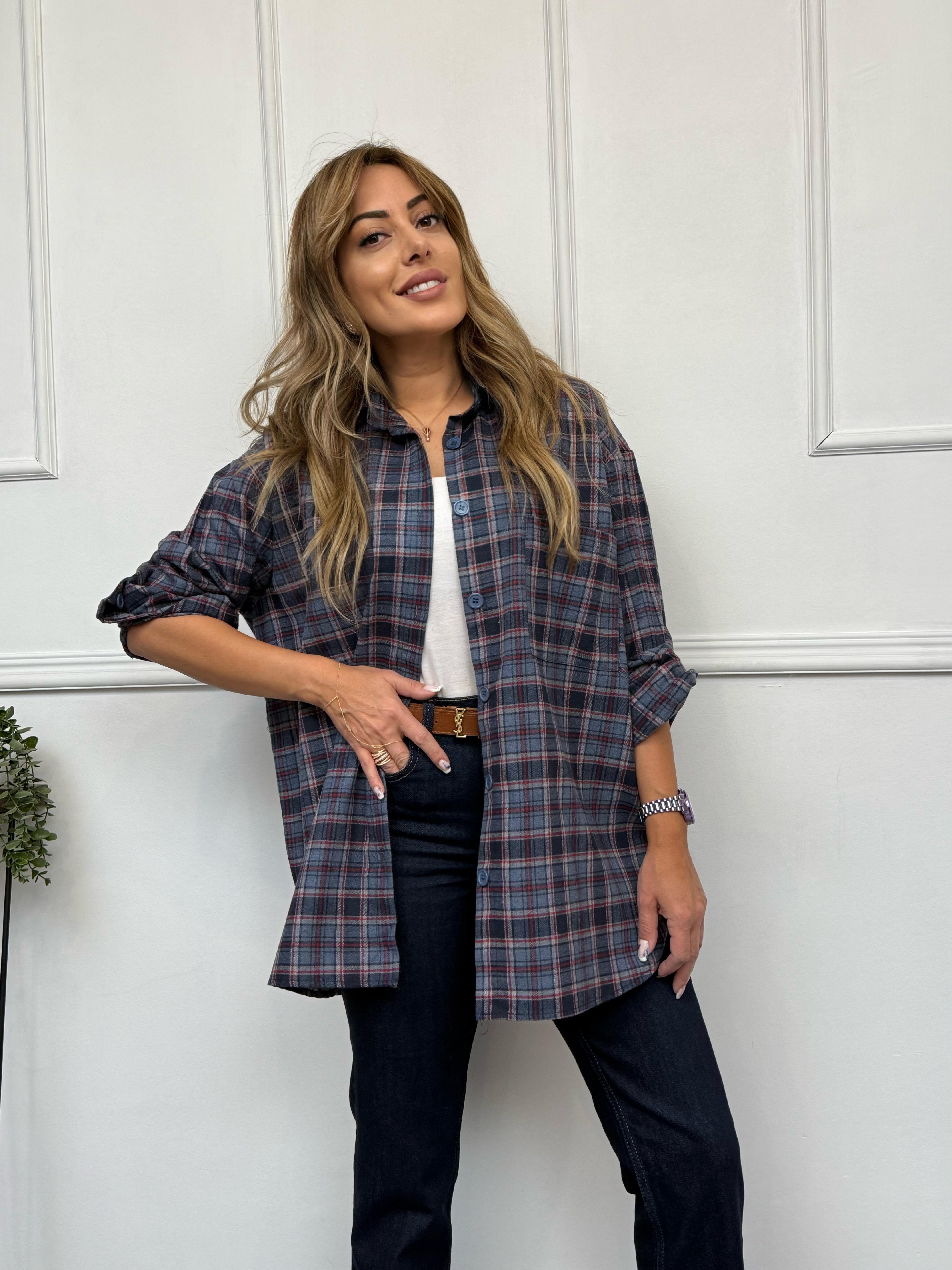 Mavi Kareli Oversize Oduncu GömlekYeni Gelenler ModayMavi Kareli Oversize Oduncu Gömlek