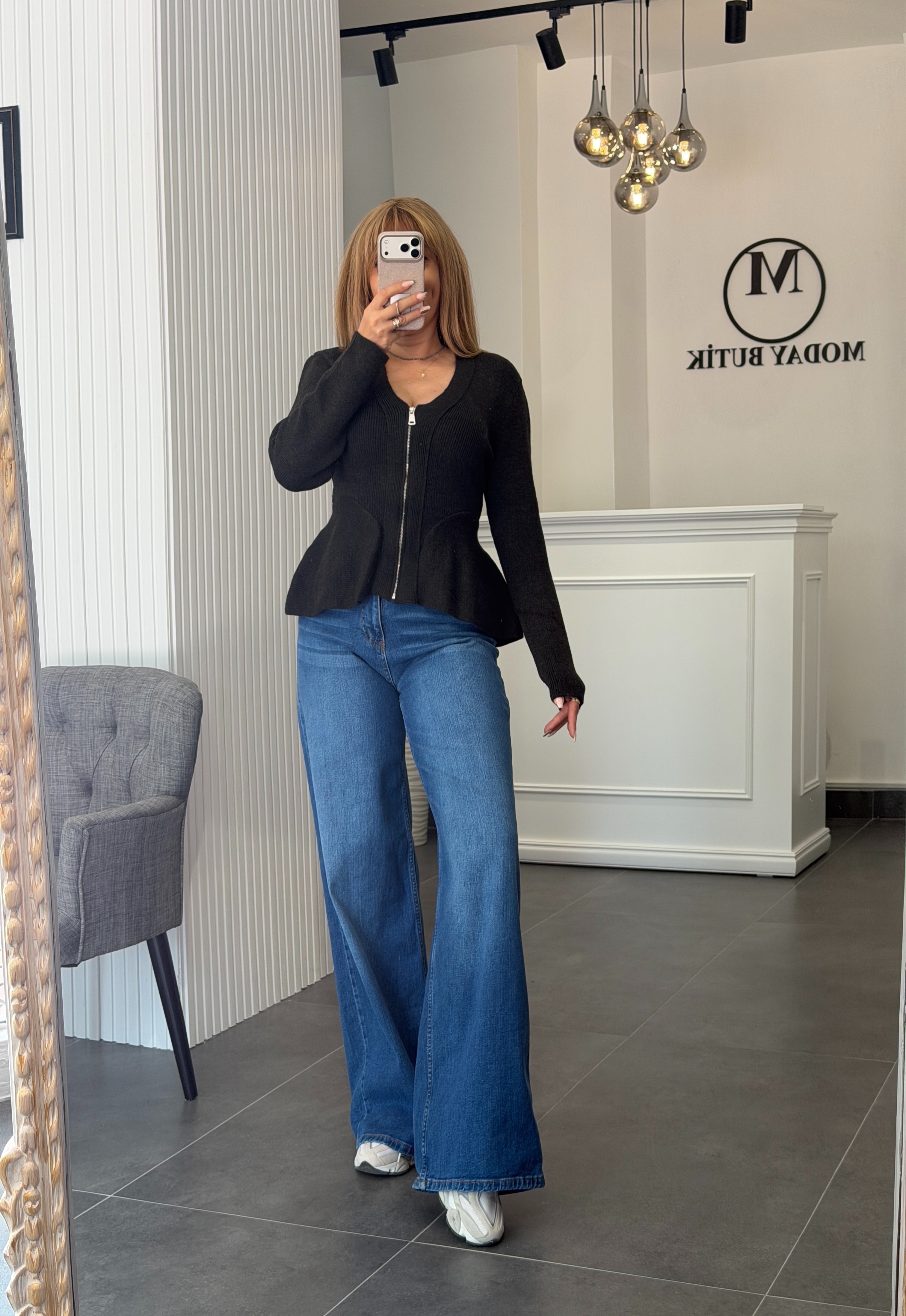 MODAYBUTİK Acı Kahve Önden Fermuarlı Peplum Yün Hırka