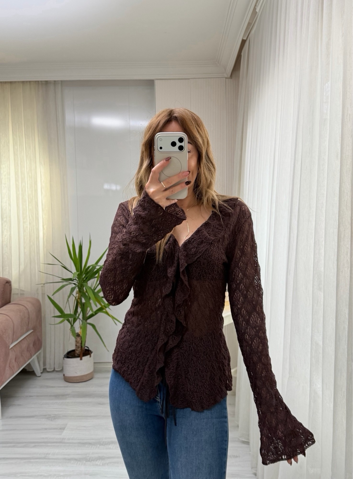 MODAYBUTİKAcı Kahve Dantel Bağlamalı Bluz 