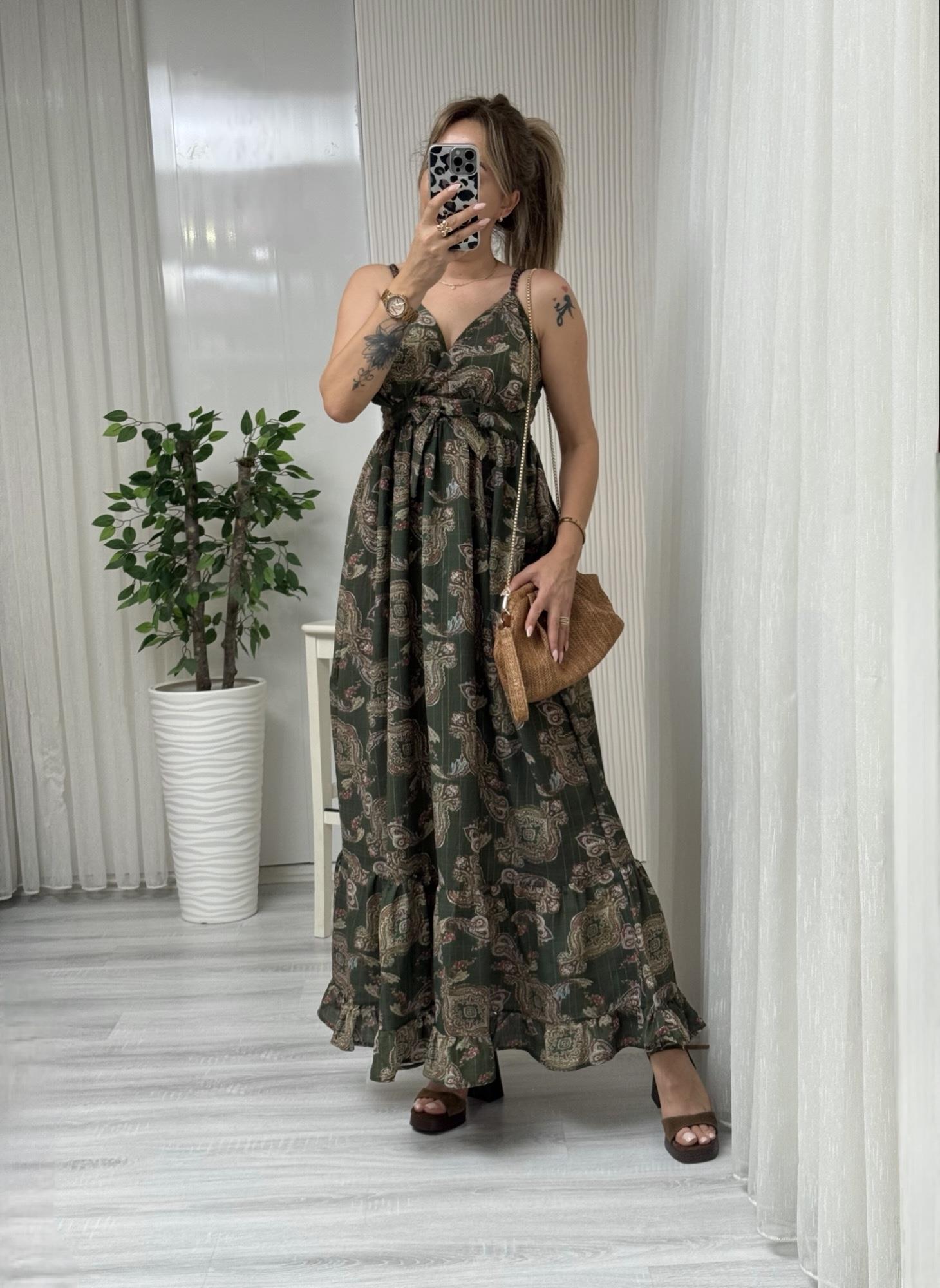 MODAYBUTİKAhşap Askılı Otantik Haki Desen Maxi Boy Elbise 