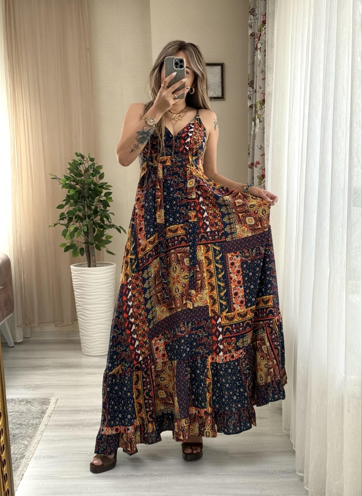 MODAYBUTİKAskı Ayarlanabilir Otantik Laci Desenli Maxi Boy Elbise