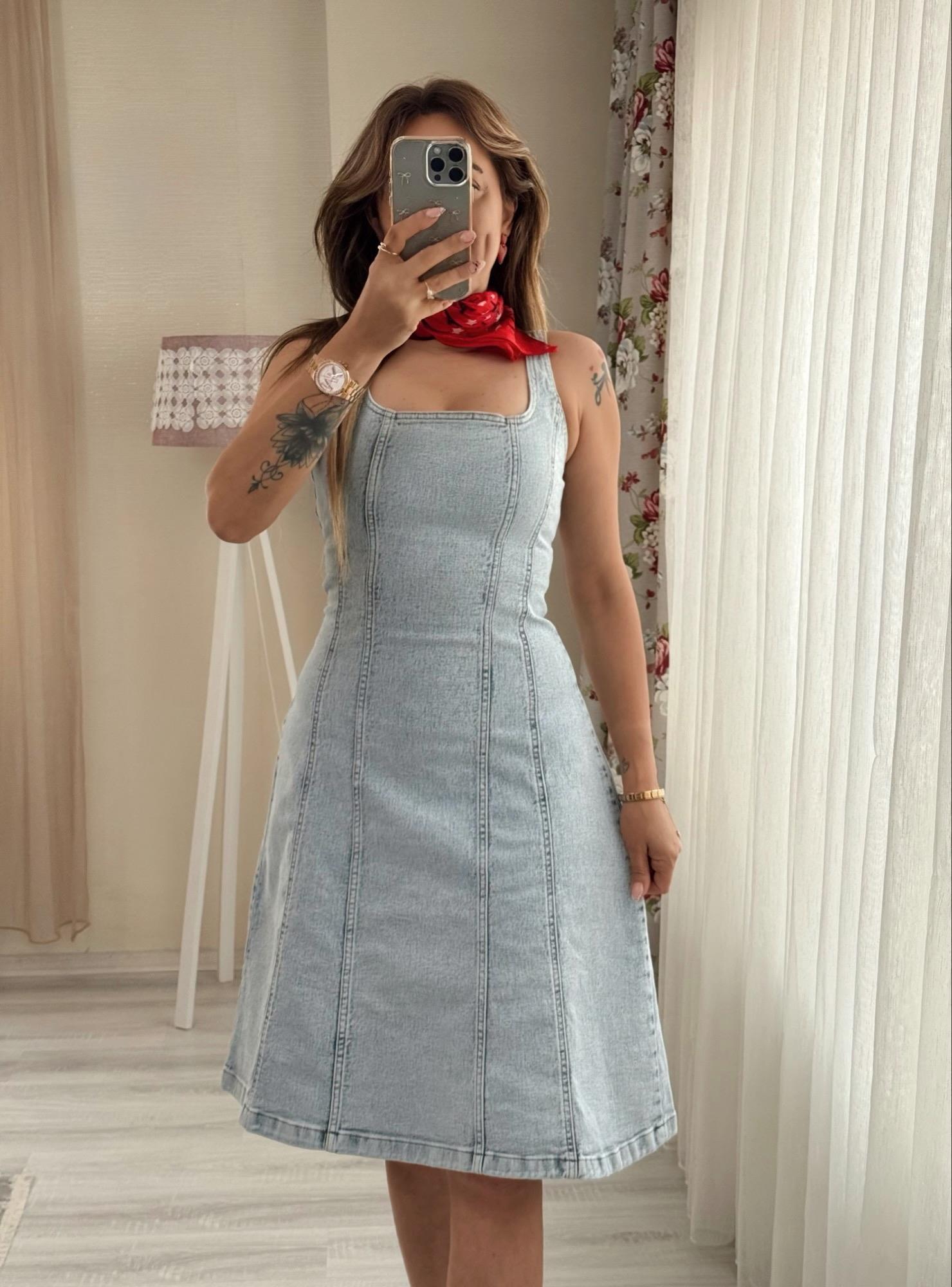 MODAYBUTİKAskılı Buz Mavisi Kiloş Denim Elbise 