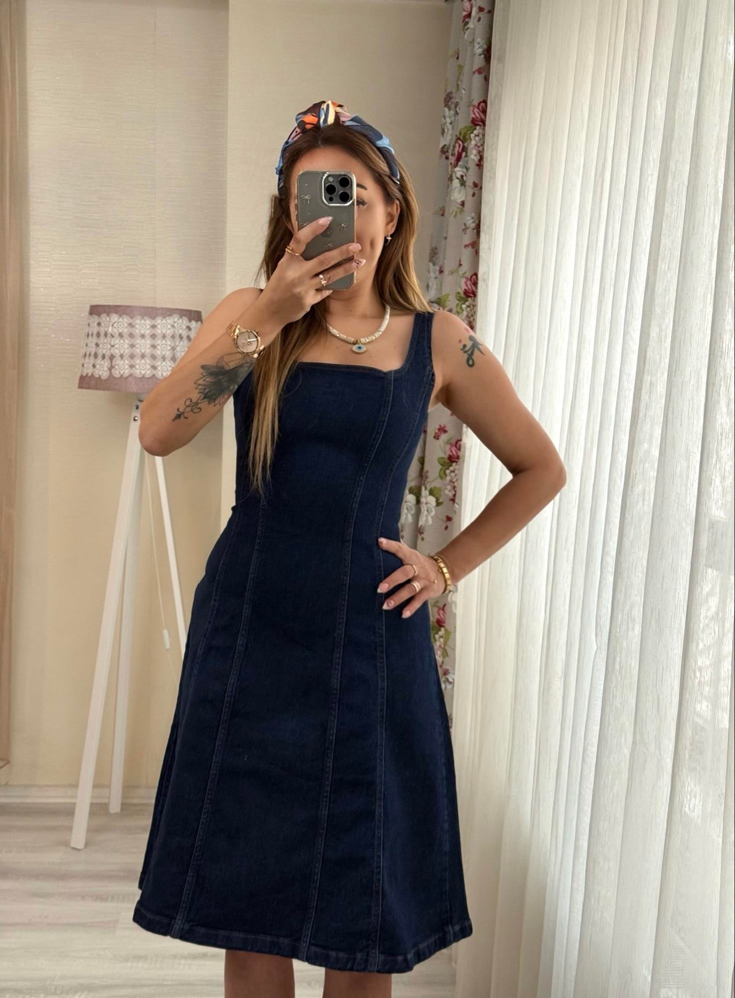 MODAYBUTİKAskılı Laci Kiloş Denim Elbise