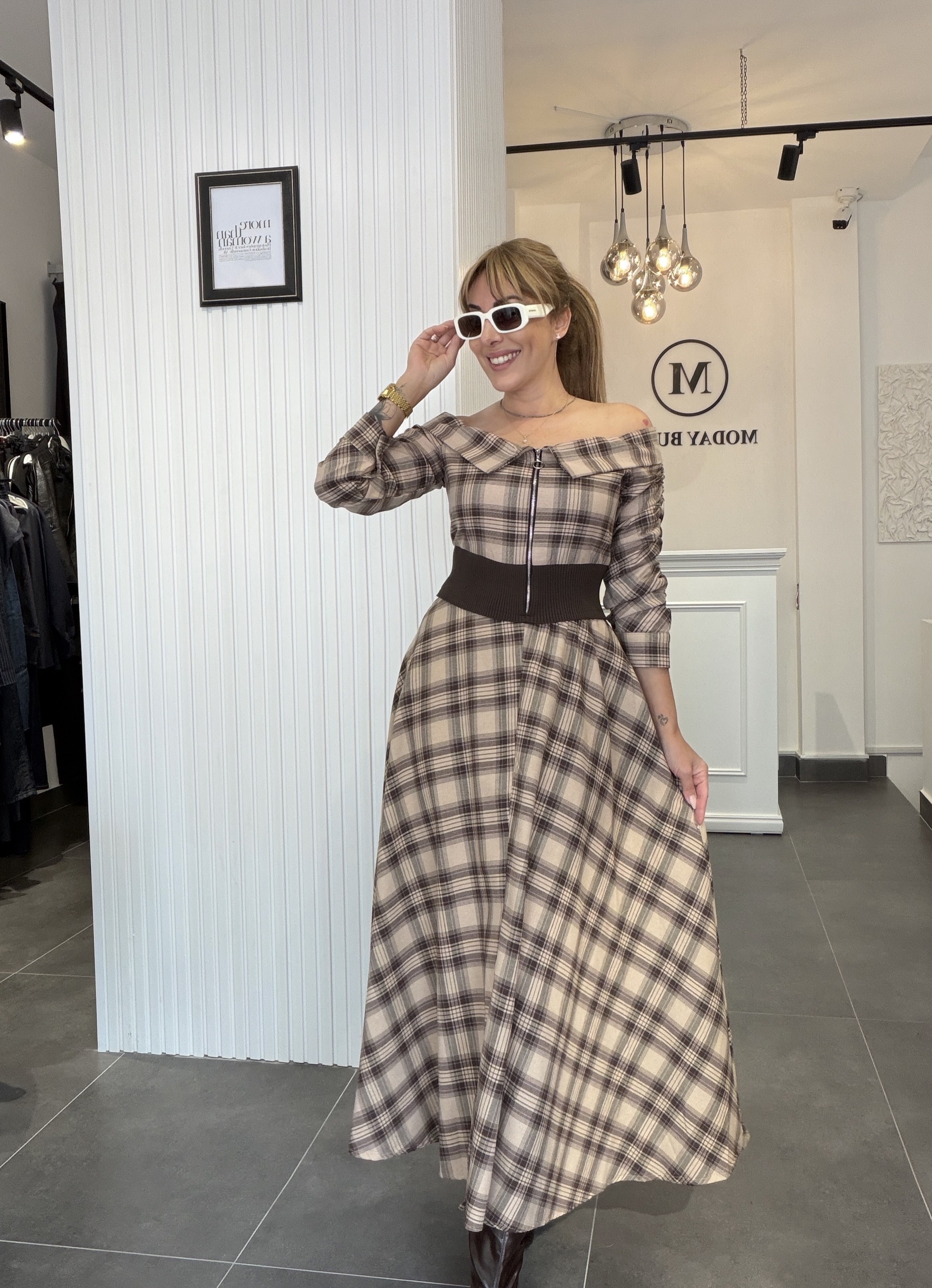 MODAYBUTİKBej Ekose Dokuma Kumaş Pamuklu Maxi Elbise
