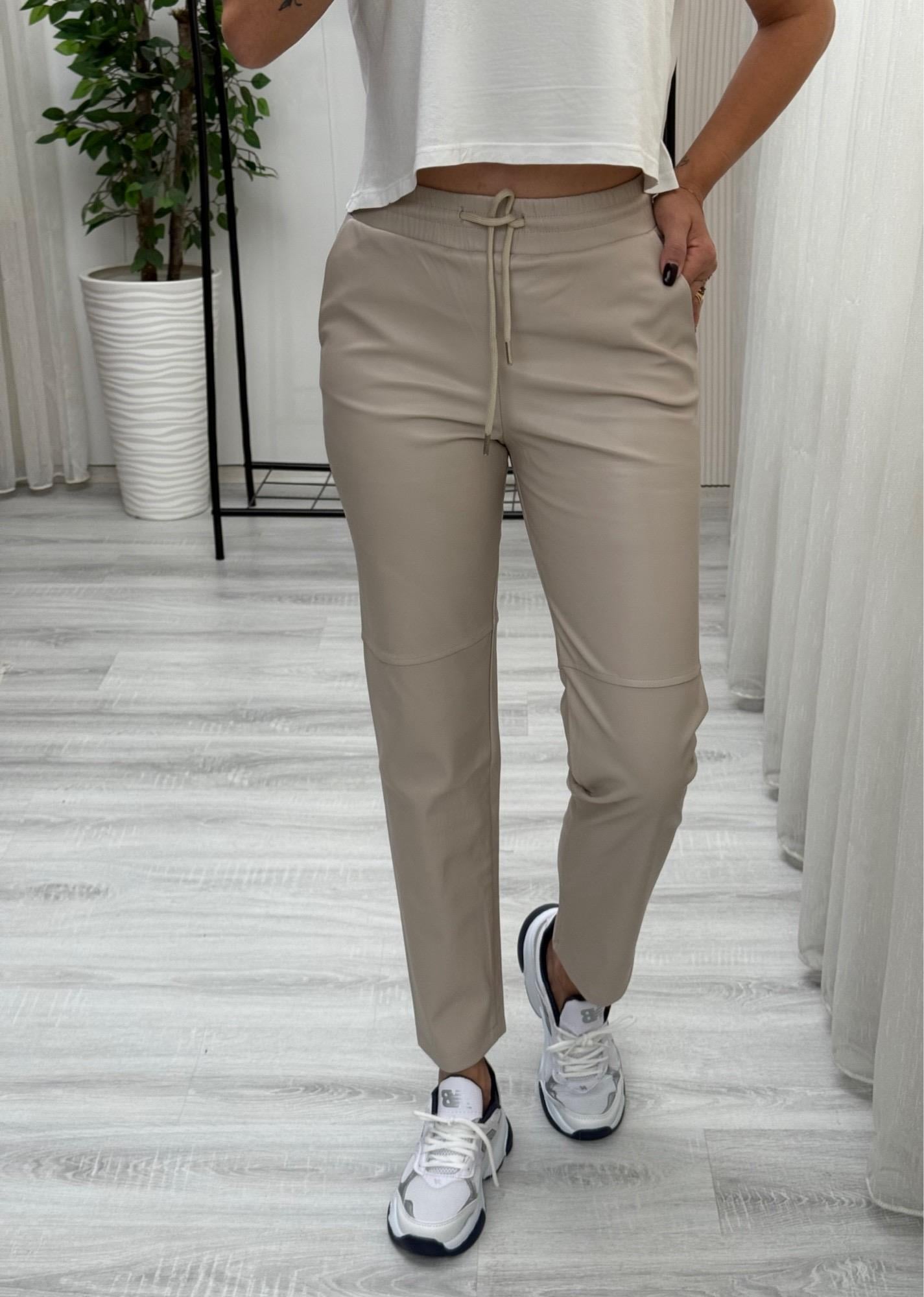 MODAYBUTİKBeli Lastikli Bej Deri Pantolon