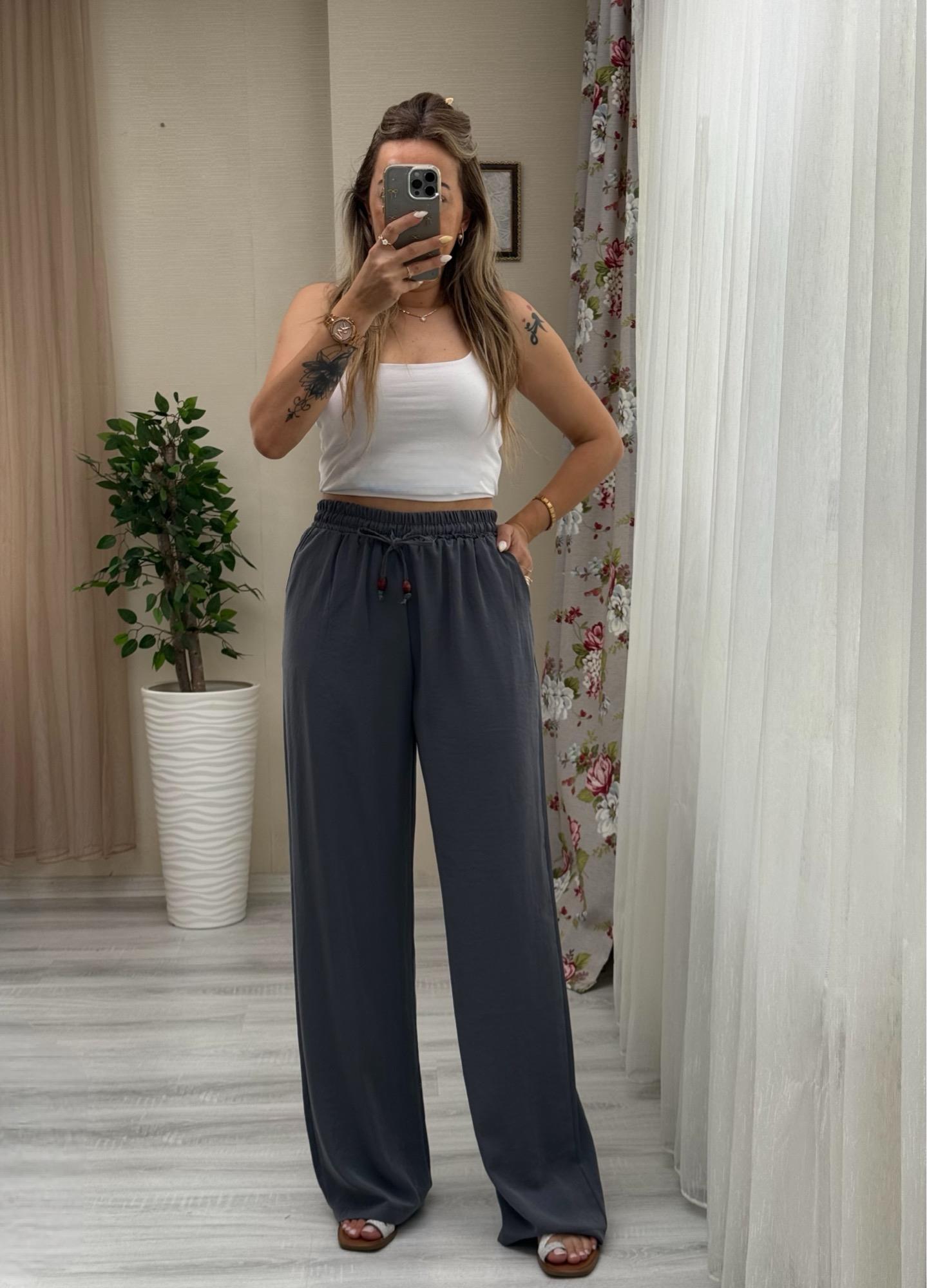 MODAYBUTİKBeli Lastikli Tencel Kumaş Antrasit Bol Paça Pantolon