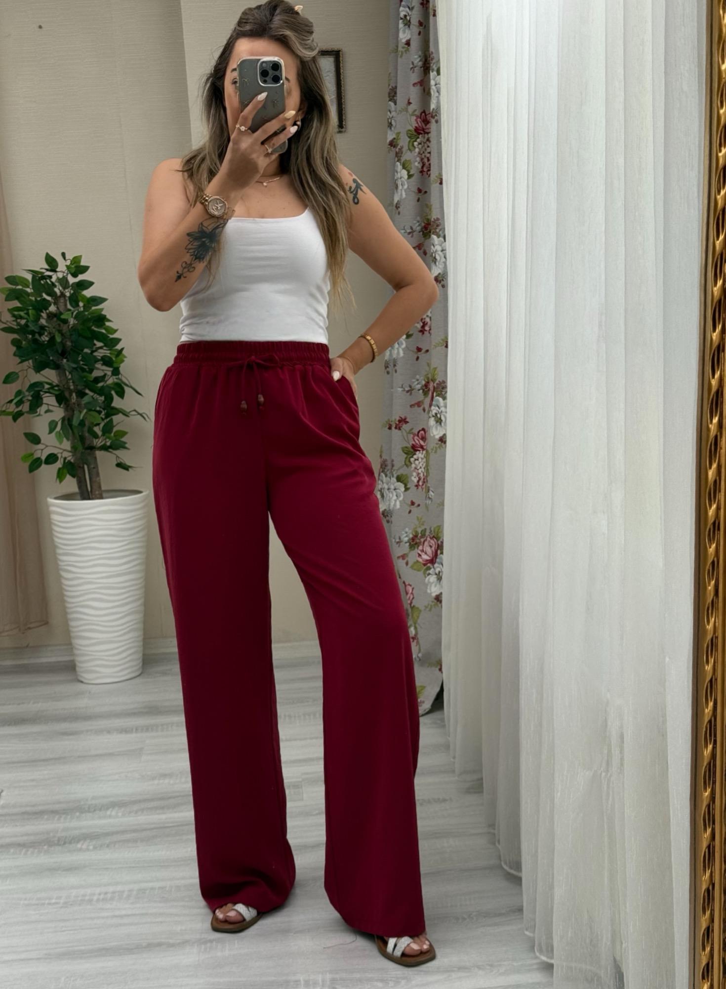 MODAYBUTİKBeli Lastikli Tencel Kumaş Bordo Bol Paça Pantolon