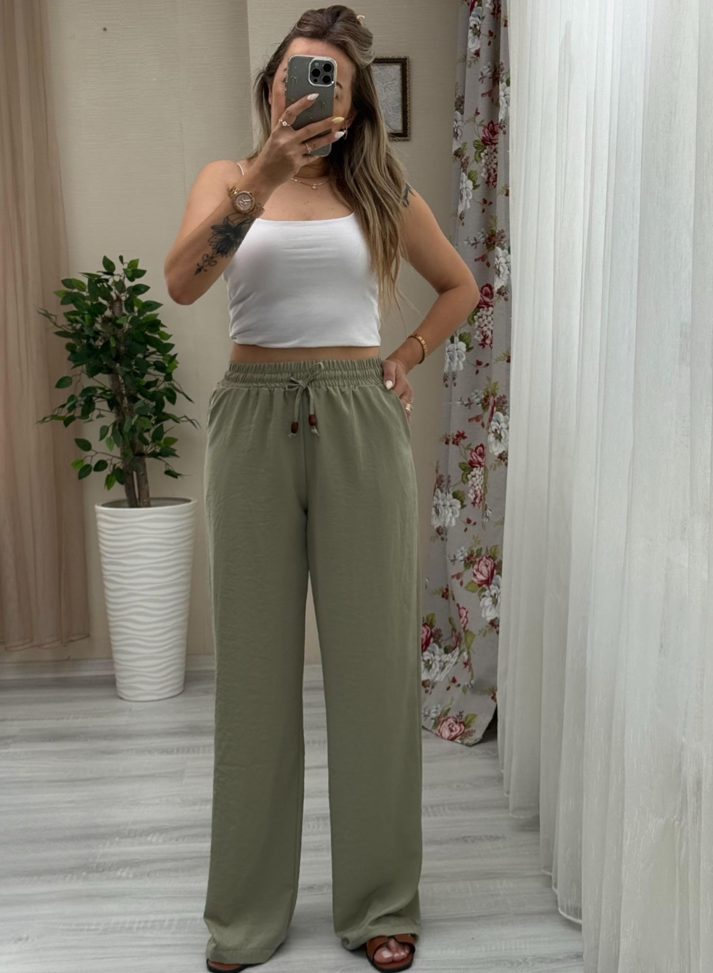 MODAYBUTİKBeli Lastikli Tencel Kumaş Mint Bol Paça Pantolon
