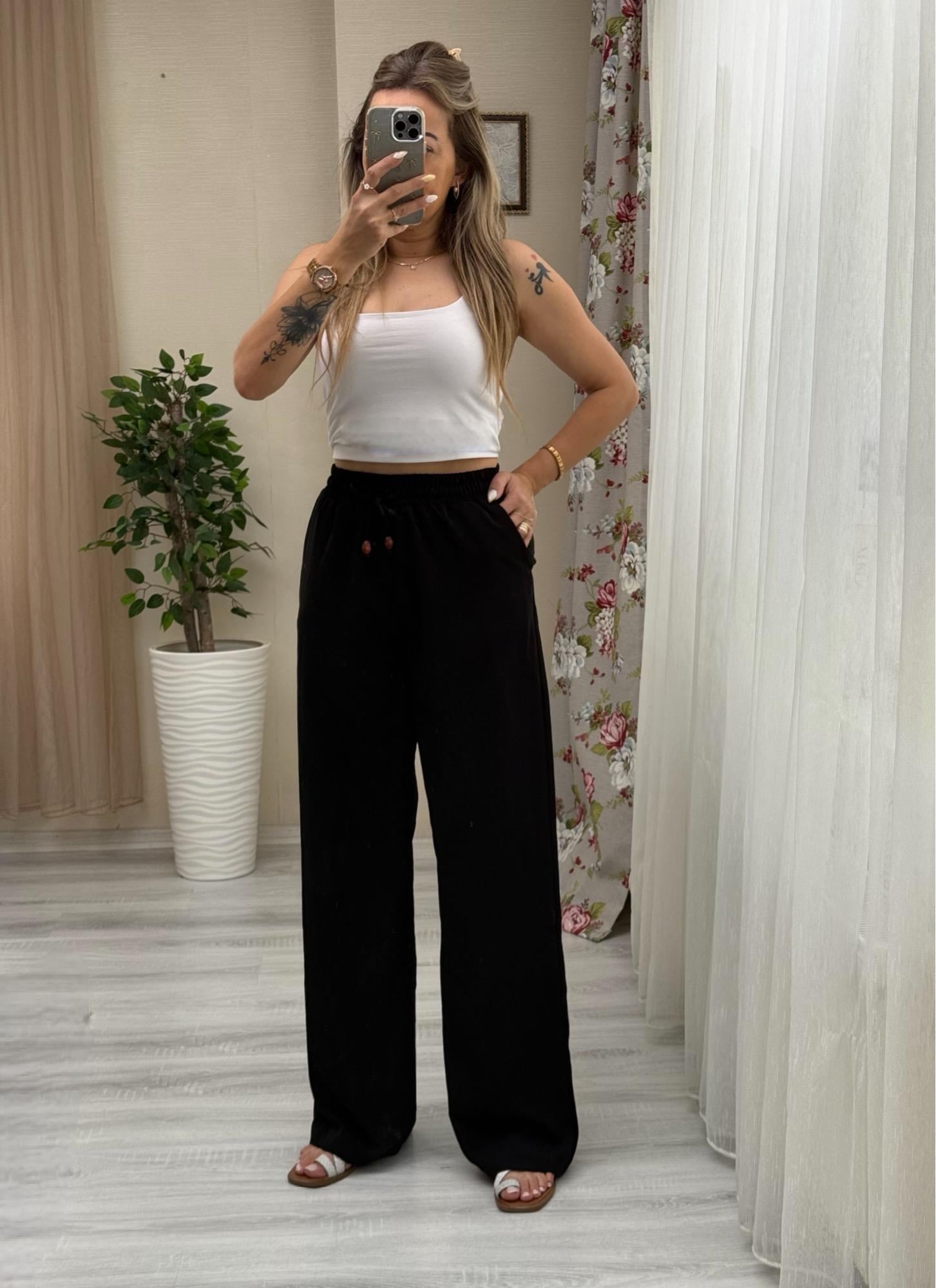 MODAYBUTİKBeli Lastikli Tencel Kumaş Siyah Bol Paça Pantolon